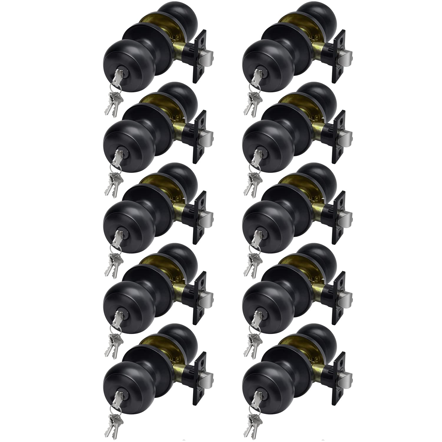 (10 Pack) Matte Black Exterior Door Knobs with Keyed Entry Lock Set - Secure Round Ball Handles for Front & Back Doors - Perfect for Home, Office & Commercial Security