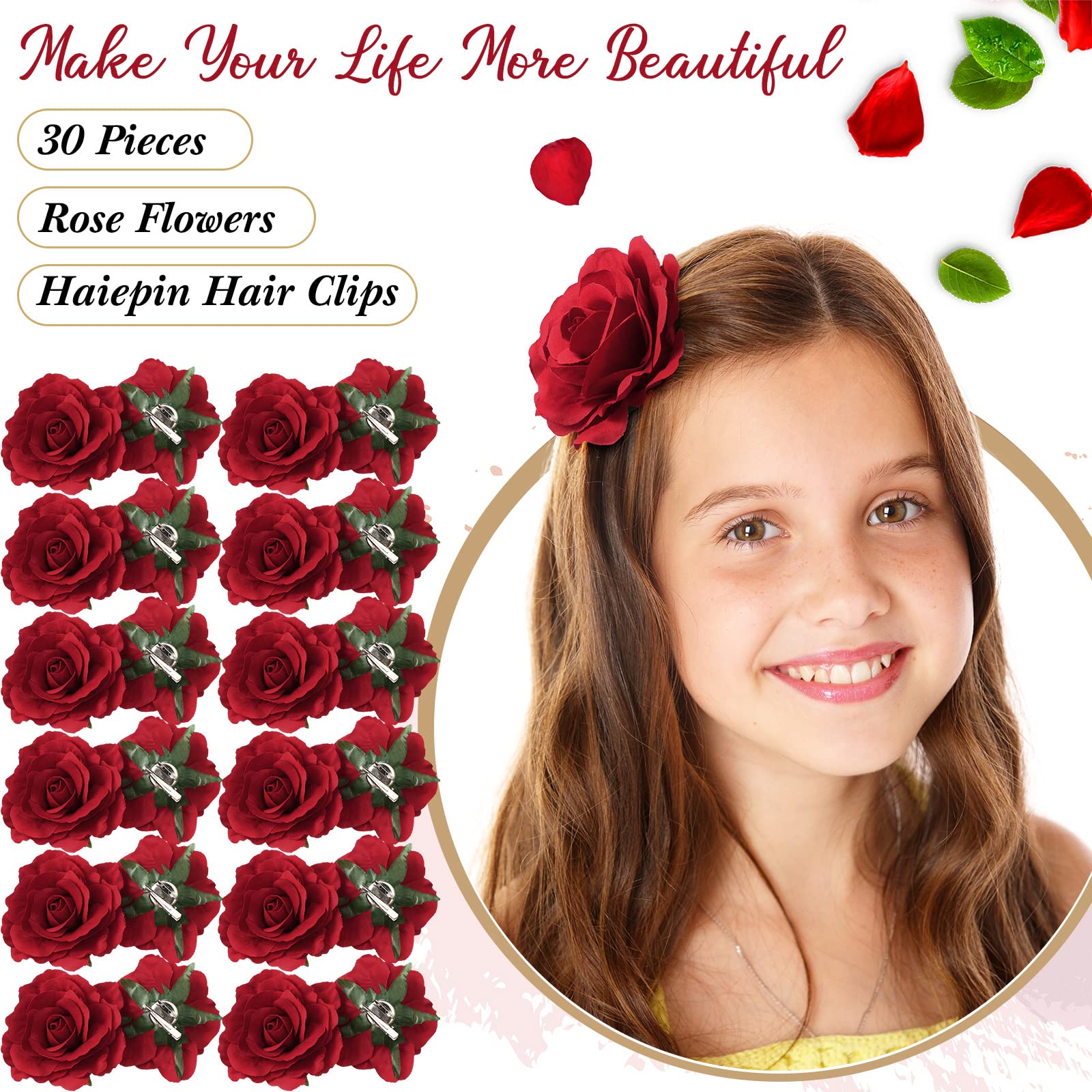 Waydress 30 Packs Red Rose Hair Clips - 4 Inch Floral Hairpins for Bridal, Wedding, Prom & Party Hair Accessories - Perfect for Bridesmaids, Flower Girls & Special Occasions