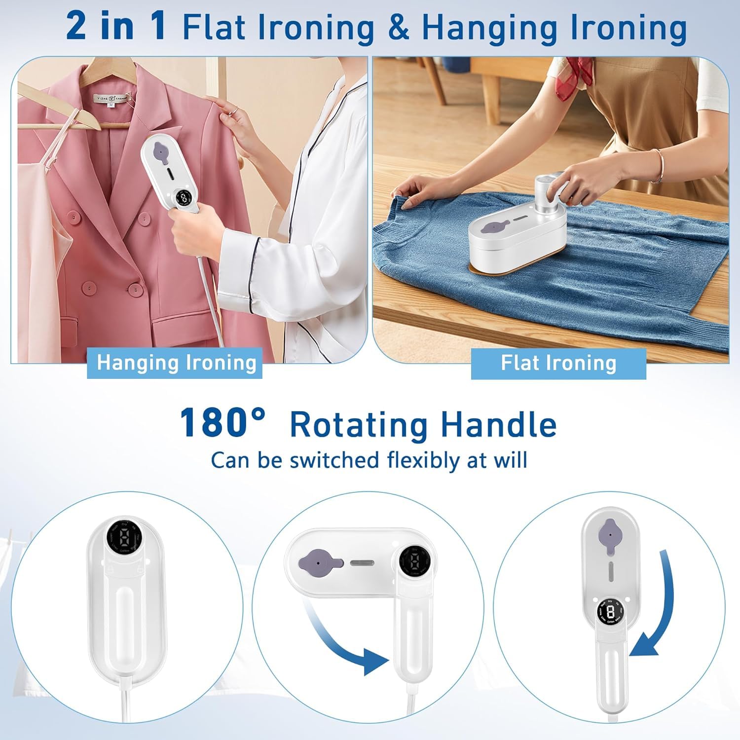 Portable Travel Steamer for Clothes - 8 Steam & Iron Modes, 2-in-1 Dry & Wet Ironing, 15-Second Fast Heating, 180° Rotatable Mini Steamer - Perfect for Travel, Business Trips, and Home Use