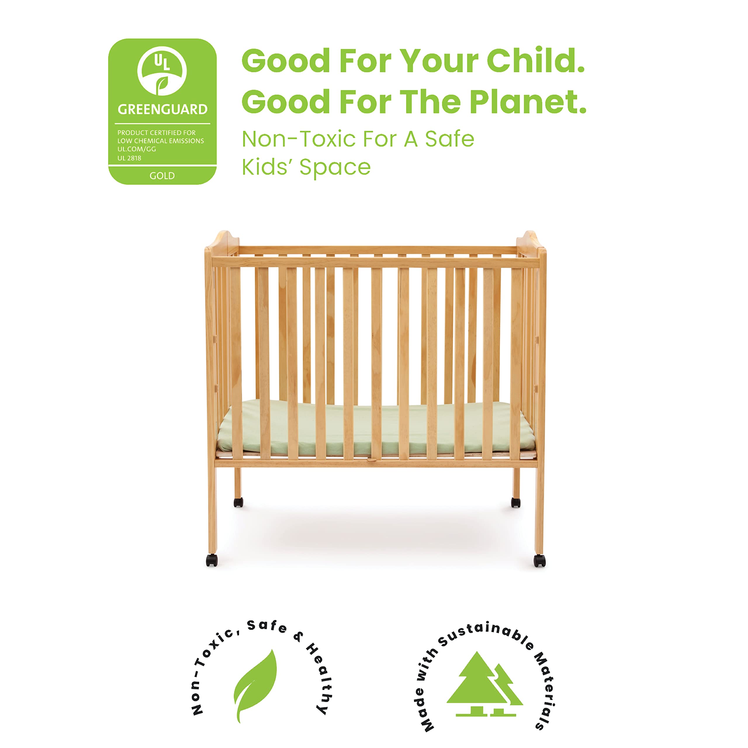 Delta Children Folding Portable Mini Baby Crib with 1.5-inch Mattress - Greenguard Gold Certified, Natural - Perfect for Travel, Nursery & Small Spaces