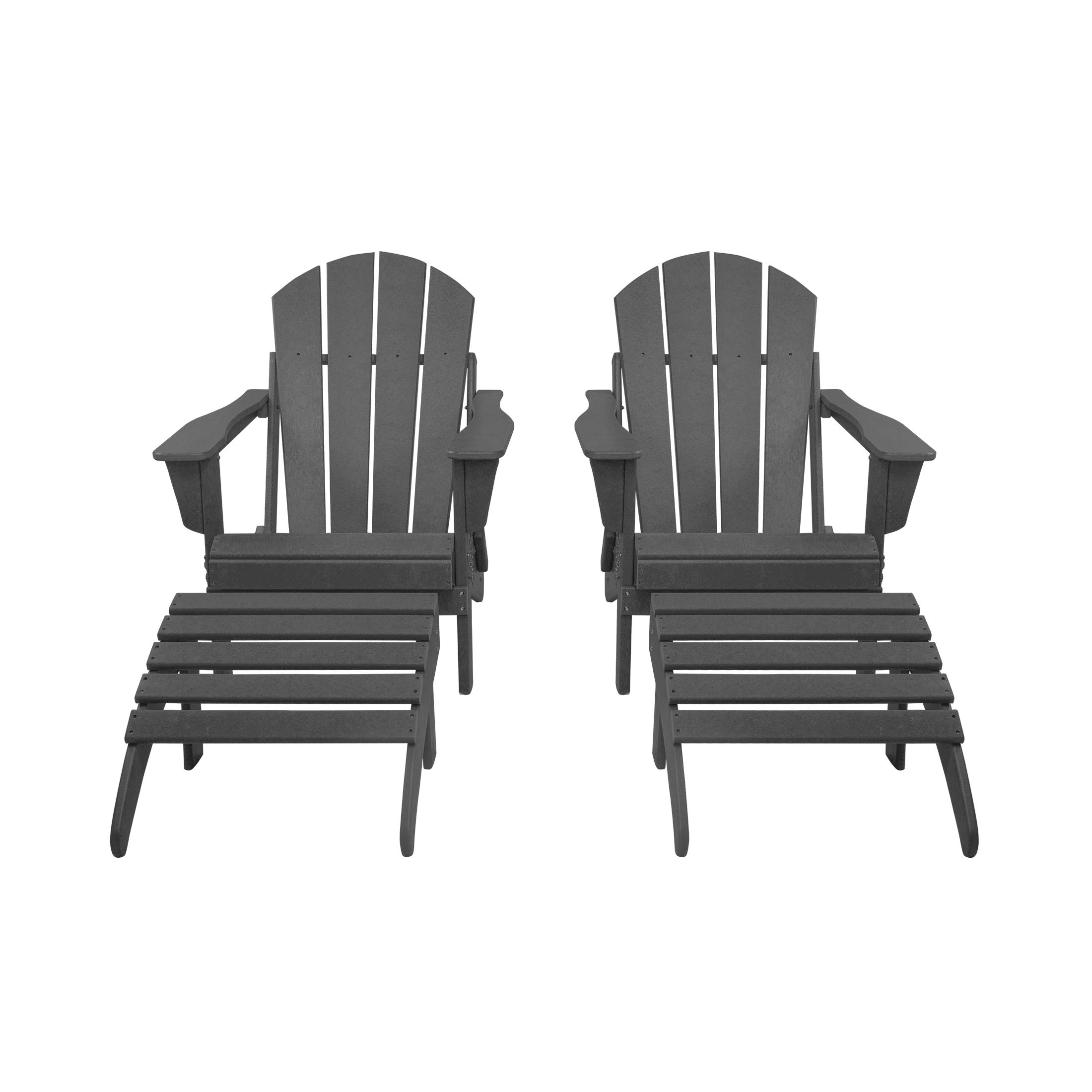 WestinTrends Malibu 4-Piece Outdoor Lounge Chair Set - 2 Adirondack Chairs with Ottoman, All-Weather Poly Lumber Patio Furniture for Poolside, Beach, Garden & Backyard Relaxation - Gray