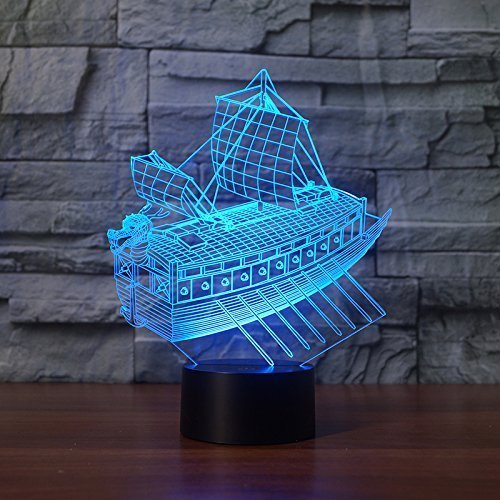 3D Sailing Boat LED Night Light - 7 Color Changing Touch Table Lamp with Optical Illusion for Home, Kids Room, Christmas Decor & Birthday Gift - Perfect for Bedside, Nursery, Office Desk and Party Decorations