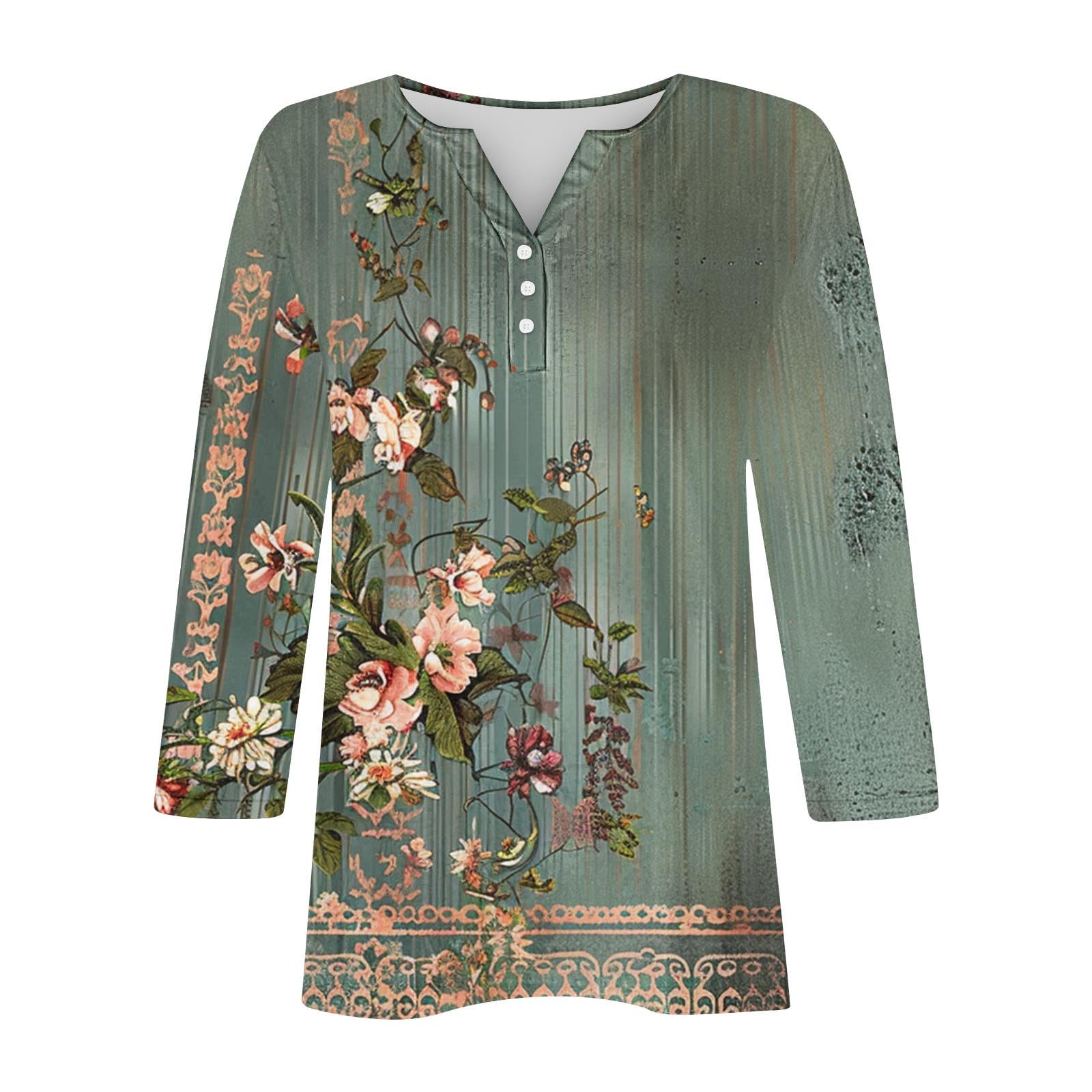 Women's 3/4 Sleeve V-Neck T-Shirt - Summer Vacation Floral Print Henley Blouse with Button Details | Trendy & Comfortable Casual Top for Beach Outings, Travel & Everyday Wear