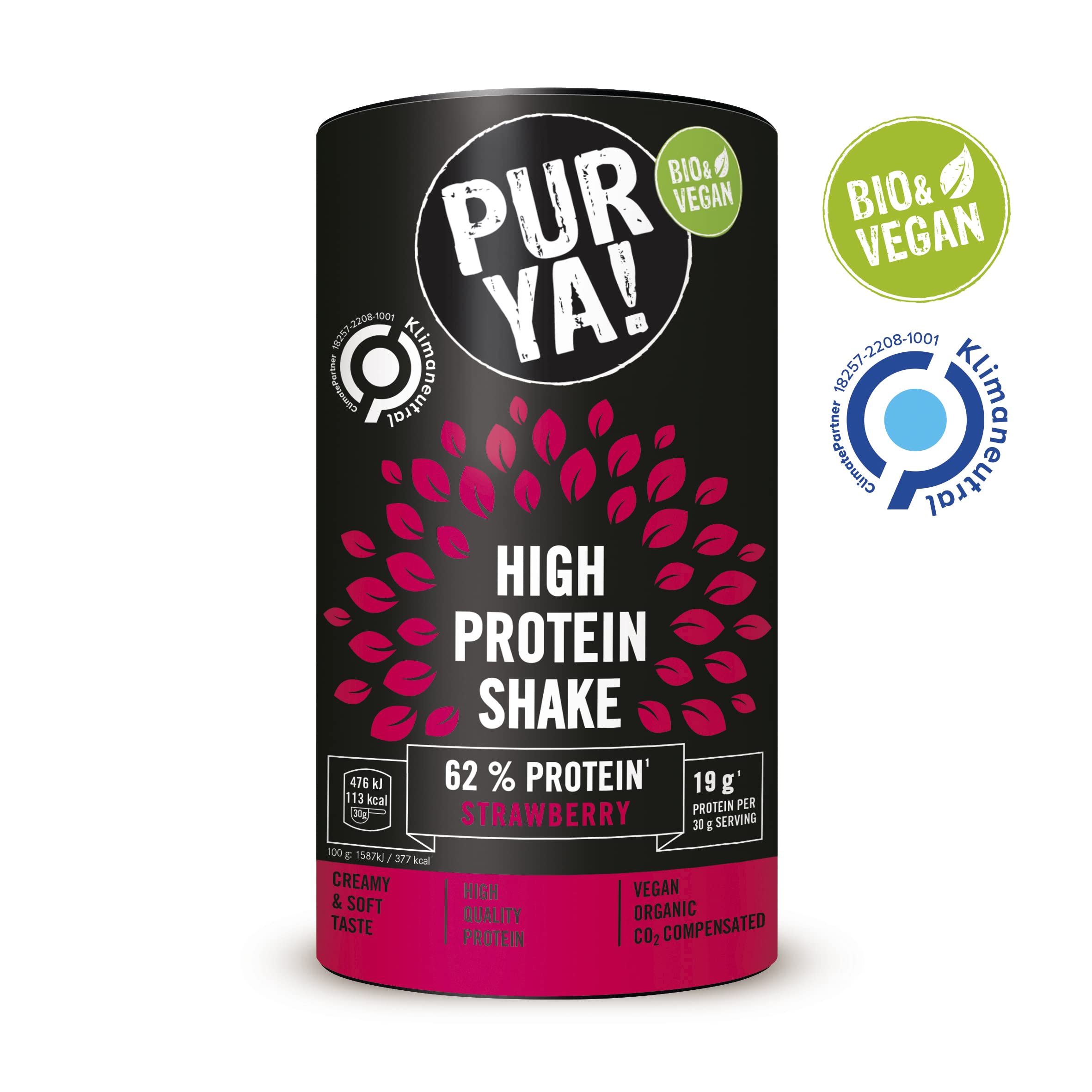 PURYA! Vegan High Protein Shake Strawberry - Organic Plant-Based Protein Drink Powder for Sports & Fitness, Lactose-Free, 500g - Perfect for Post-Workout Recovery & Healthy Meal Replacement