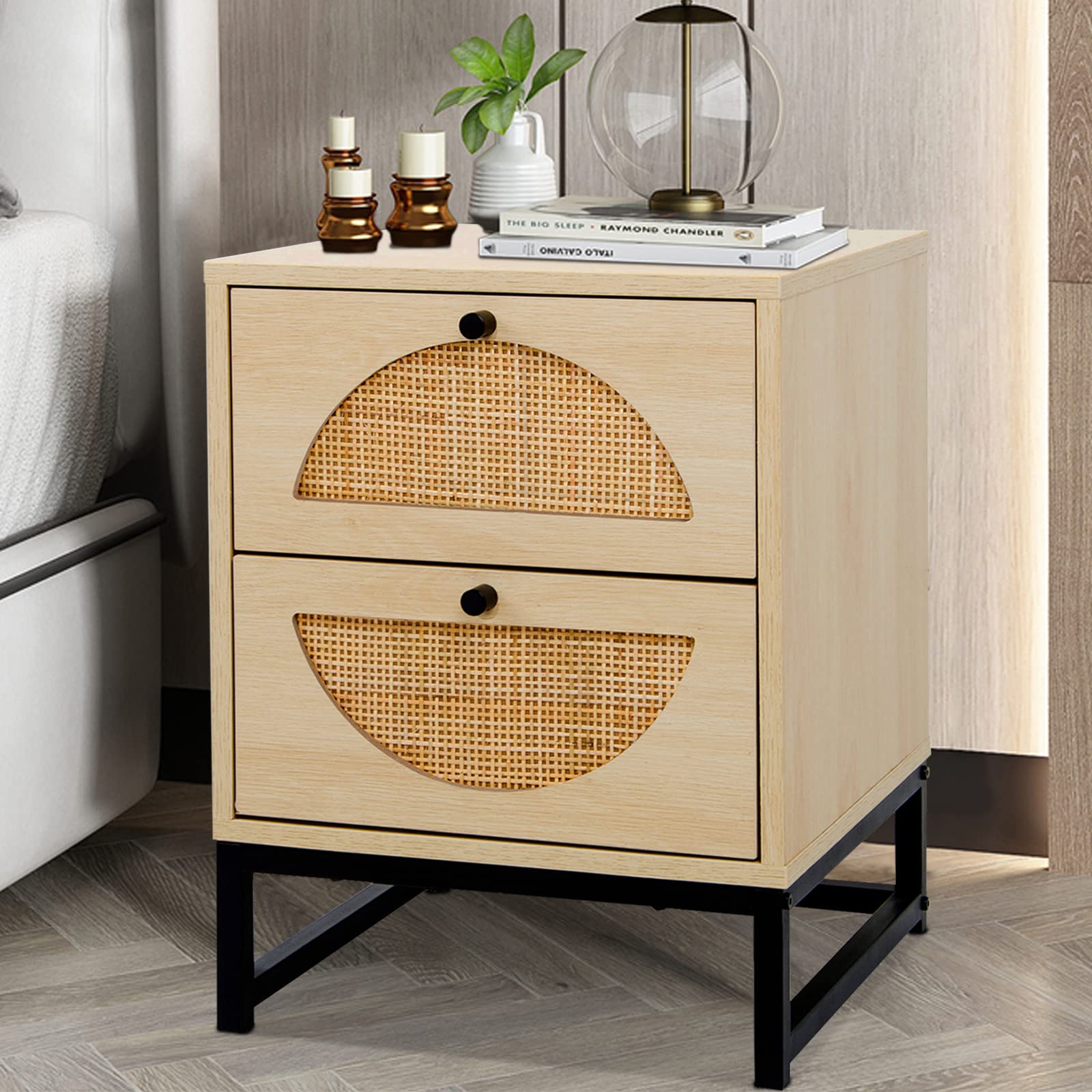 Rattan Nightstand with 2 Drawers & Metal Legs - Rustic Bedside Table for Bedroom & Living Room Storage