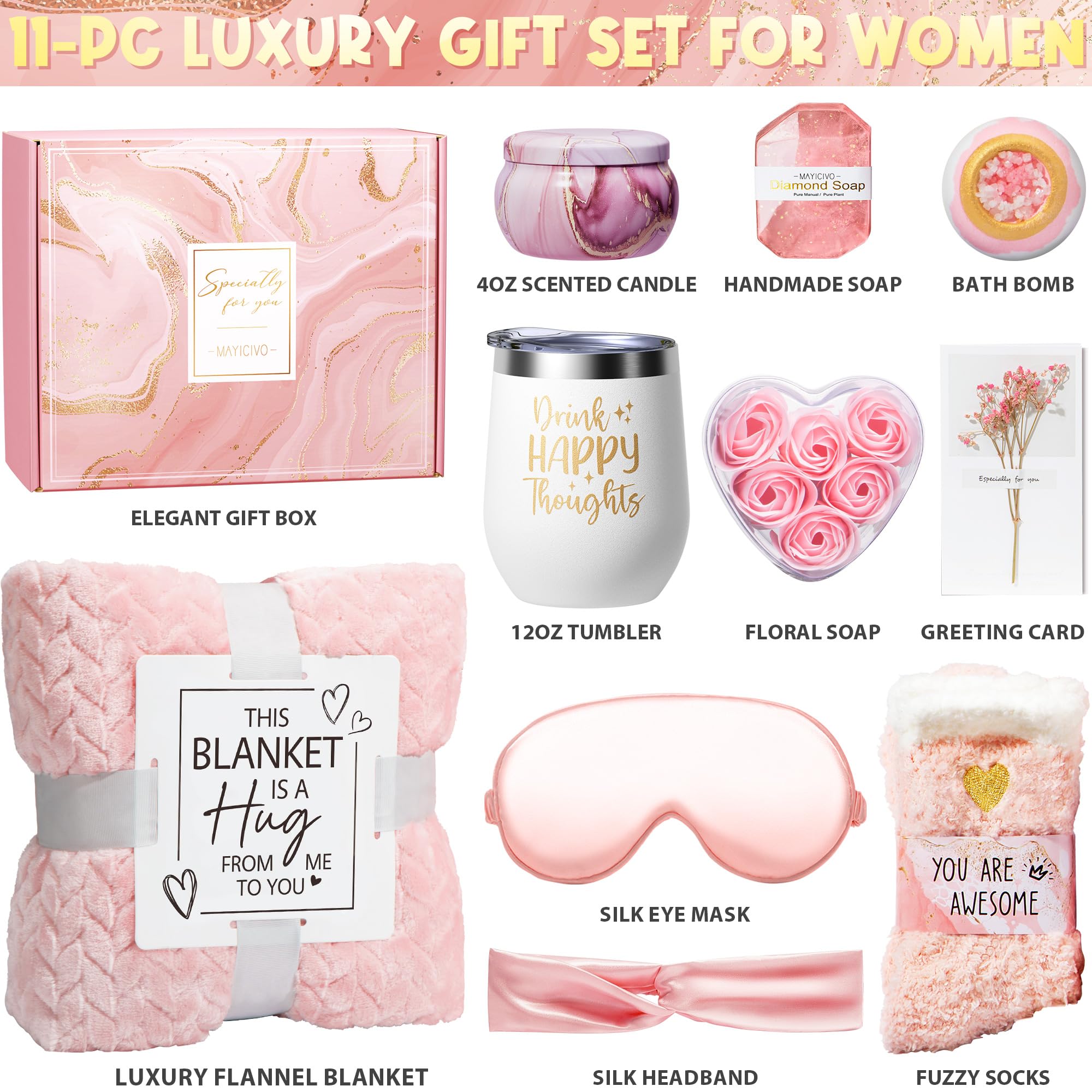 Luxury Rose Relaxing Spa Gift Basket for Women - Self Care, Get Well Soon, Birthday & Mother's Day Gifts with Flannel Blanket | Perfect for Mom, Wife, Sister, Grandma & Friends | Ideal for Relaxation, Recovery & Special Occasions
