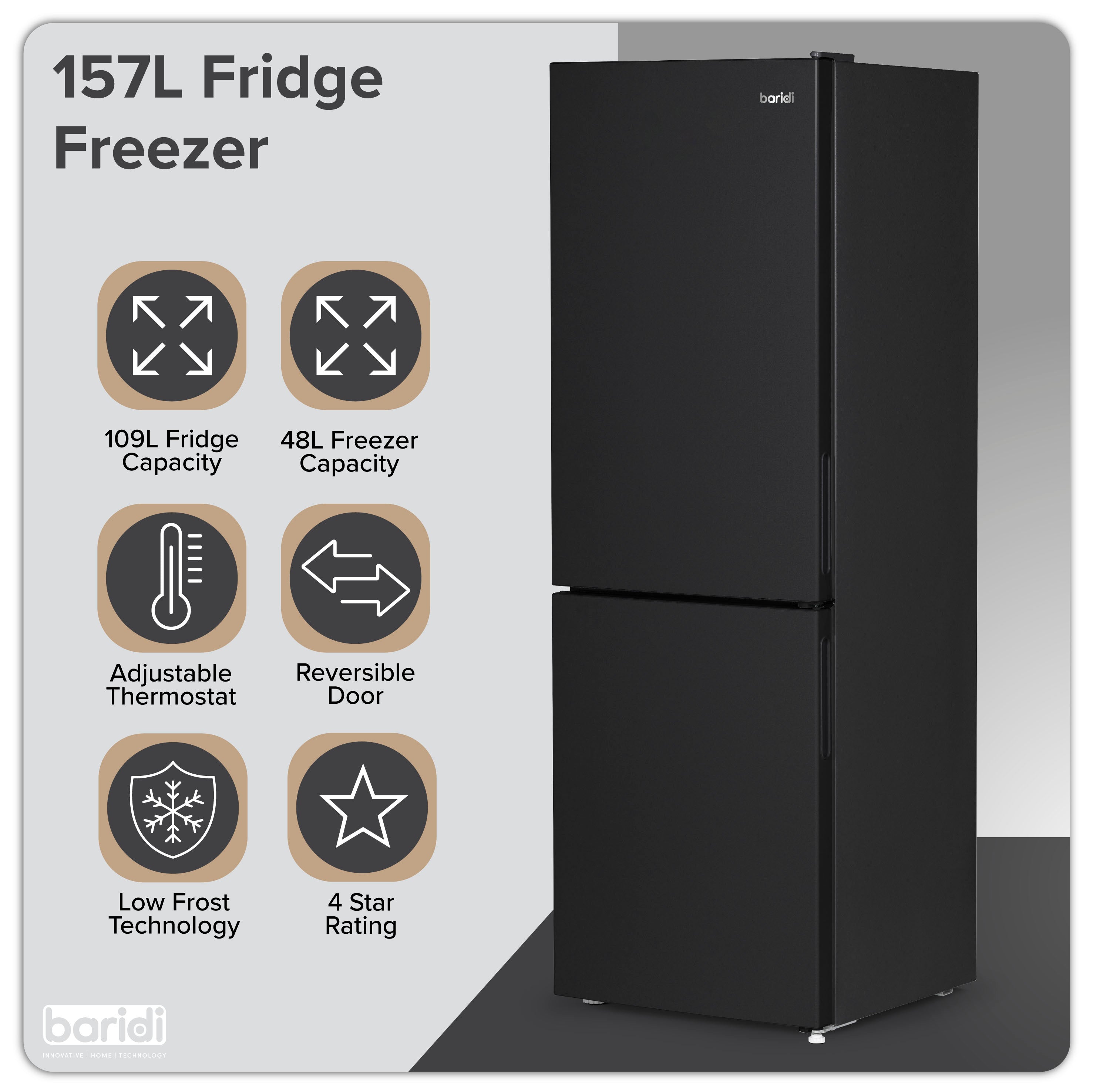 Baridi 47cm 70/30 Fridge Freezer - 157L Capacity, Low Frost Technology, 4 Star Energy Rating, Black (DH253) - Perfect for Small Apartments, Dorms & Office Break Rooms
