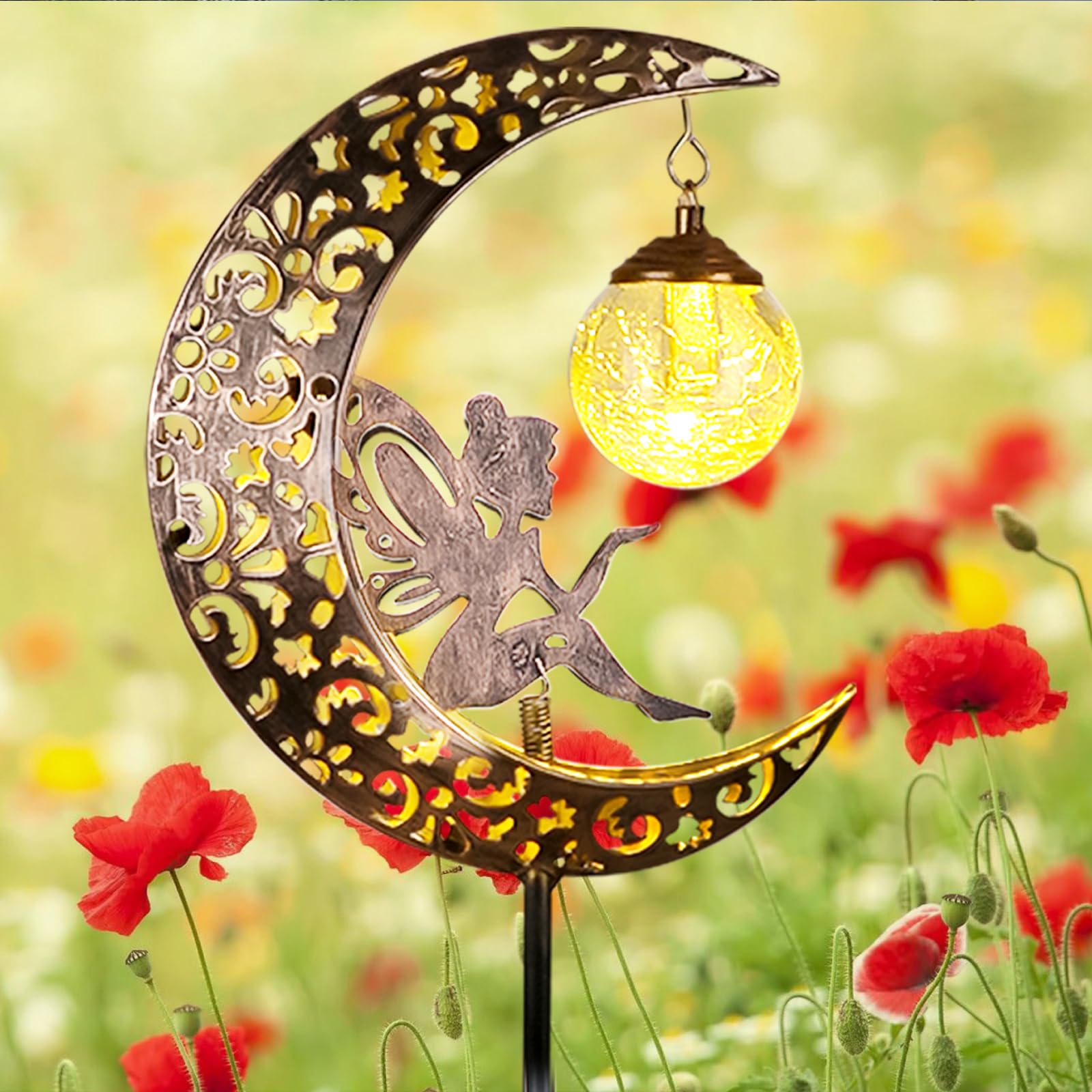 Solar Powered LED Moon Fairy Lights - Waterproof Outdoor Garden Decor with Crackle Glass for Patio, Lawn & Yard - Unique Gardening Gift Ideas (Yellow) | Perfect for Landscape Lighting, Pathway Illumination & Backyard Ambiance