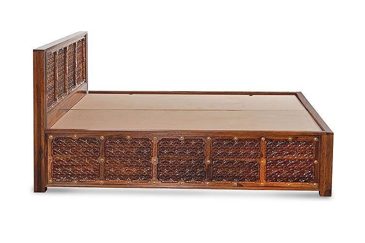 Antique Brass Embossed Solid Wood Storage Bed with Brass Panache - Elegant Vintage Bedroom Furniture for Master Bedroom & Guest Room