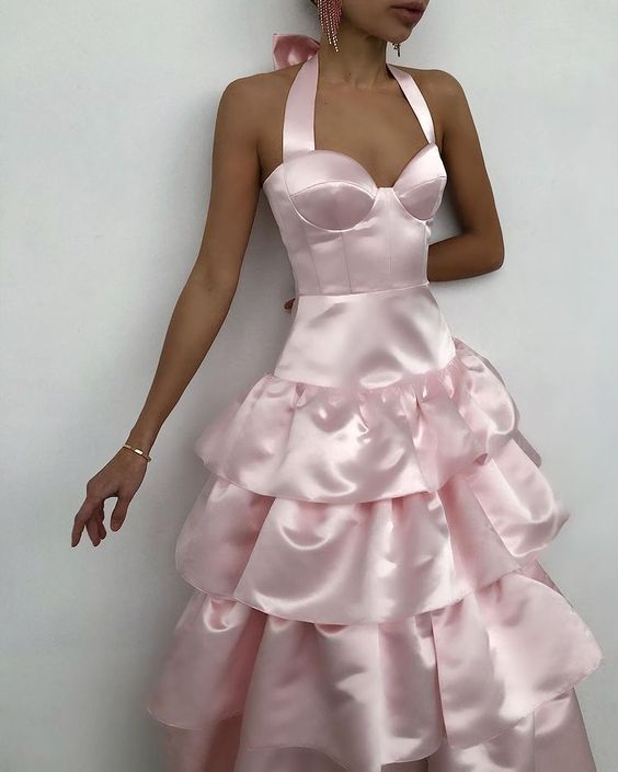 Elegant Halter A-Line Satin Prom Dress with Layered Skirt - Formal Evening Gown for Homecoming, Wedding Party & Special Occasions (Style J4967)