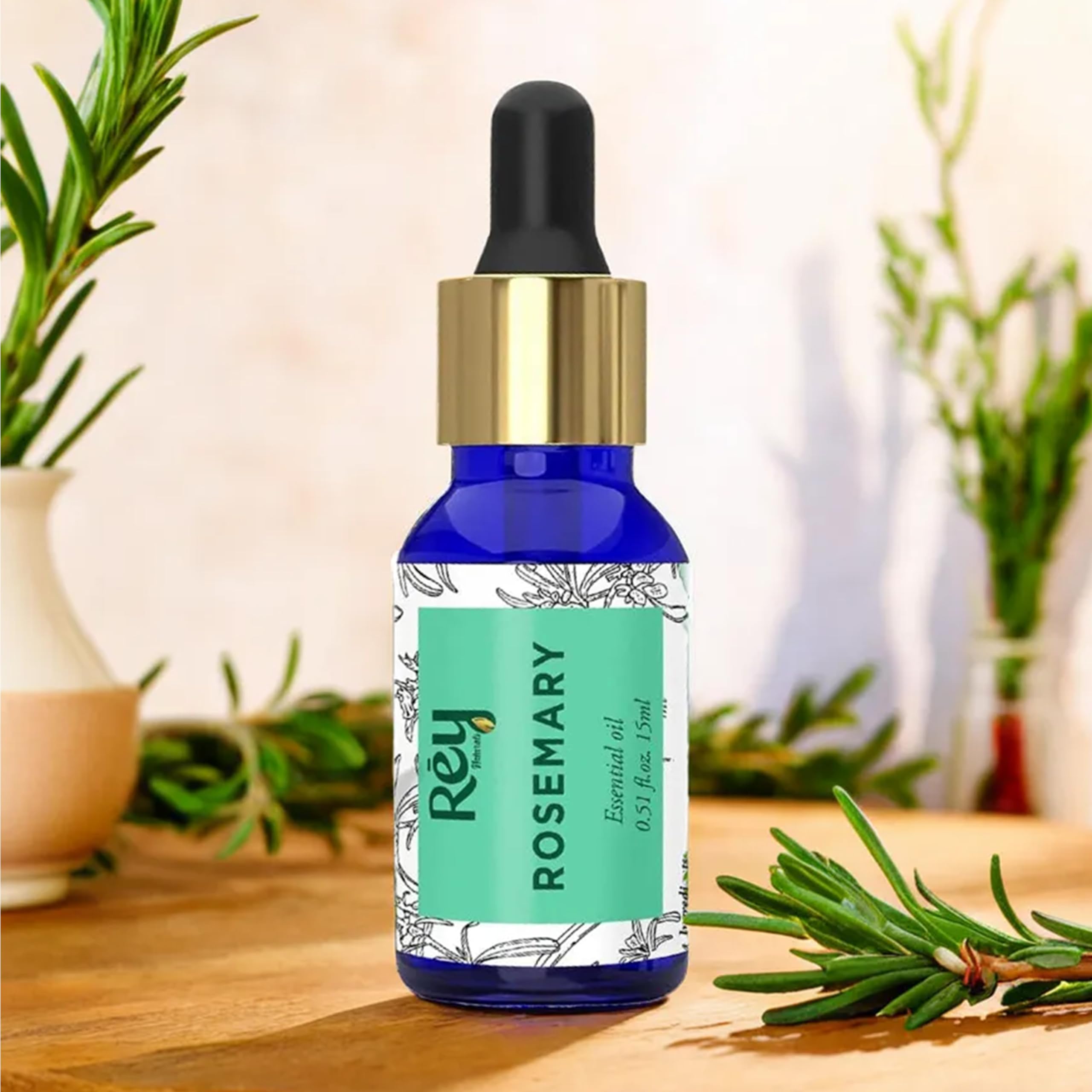 Rey Naturals Pure Rosemary Essential Oil for Hair Growth, Hair Loss Control & Dandruff Treatment | Non-Greasy Skin & Body Oil for Soft, Shiny Hair | Natural Hair Care for Women & Men - 15ml | Perfect for Scalp Massage, Aromatherapy & DIY Beauty Recipes