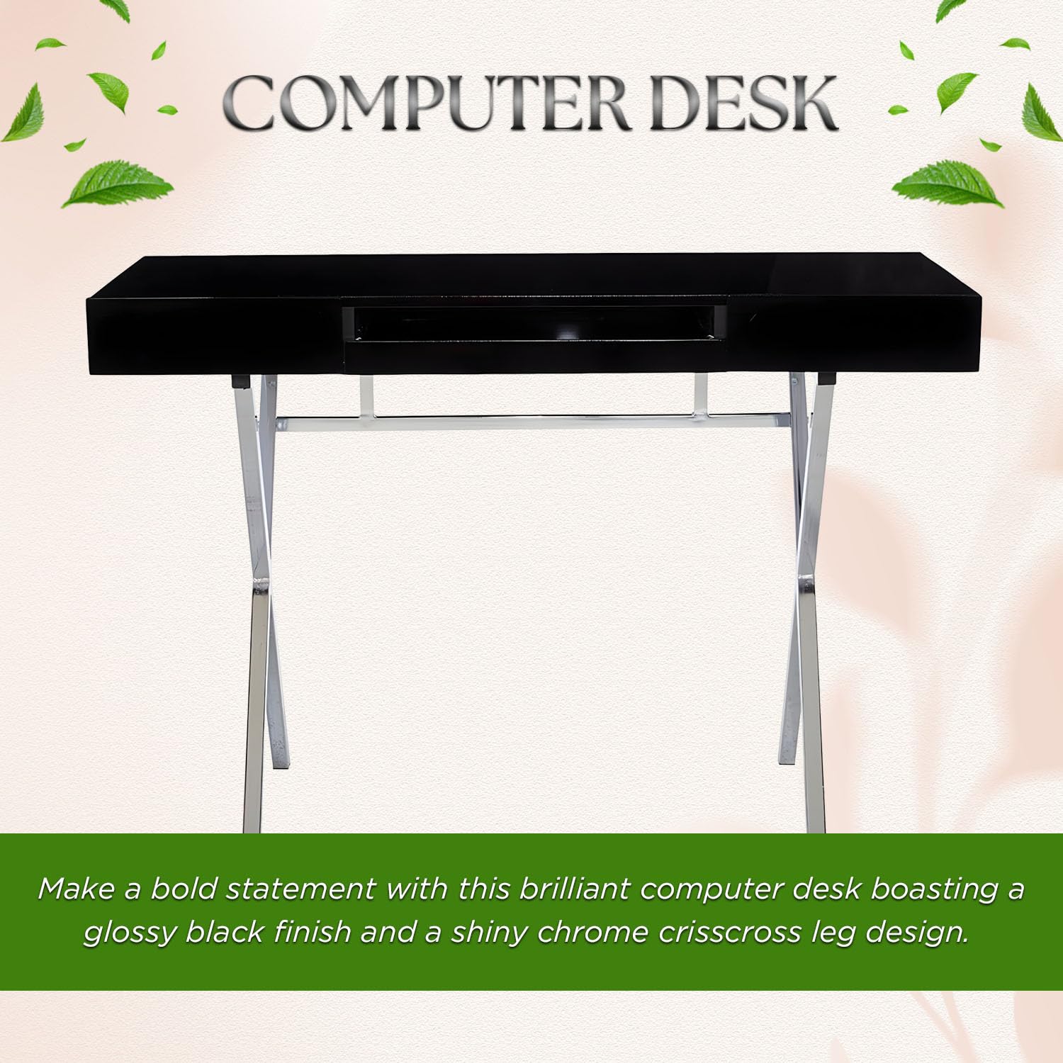 Kings Brand Modern Home & Office Desk - Black Chrome Contemporary Writing Desk for Study, Workstation & Home Office