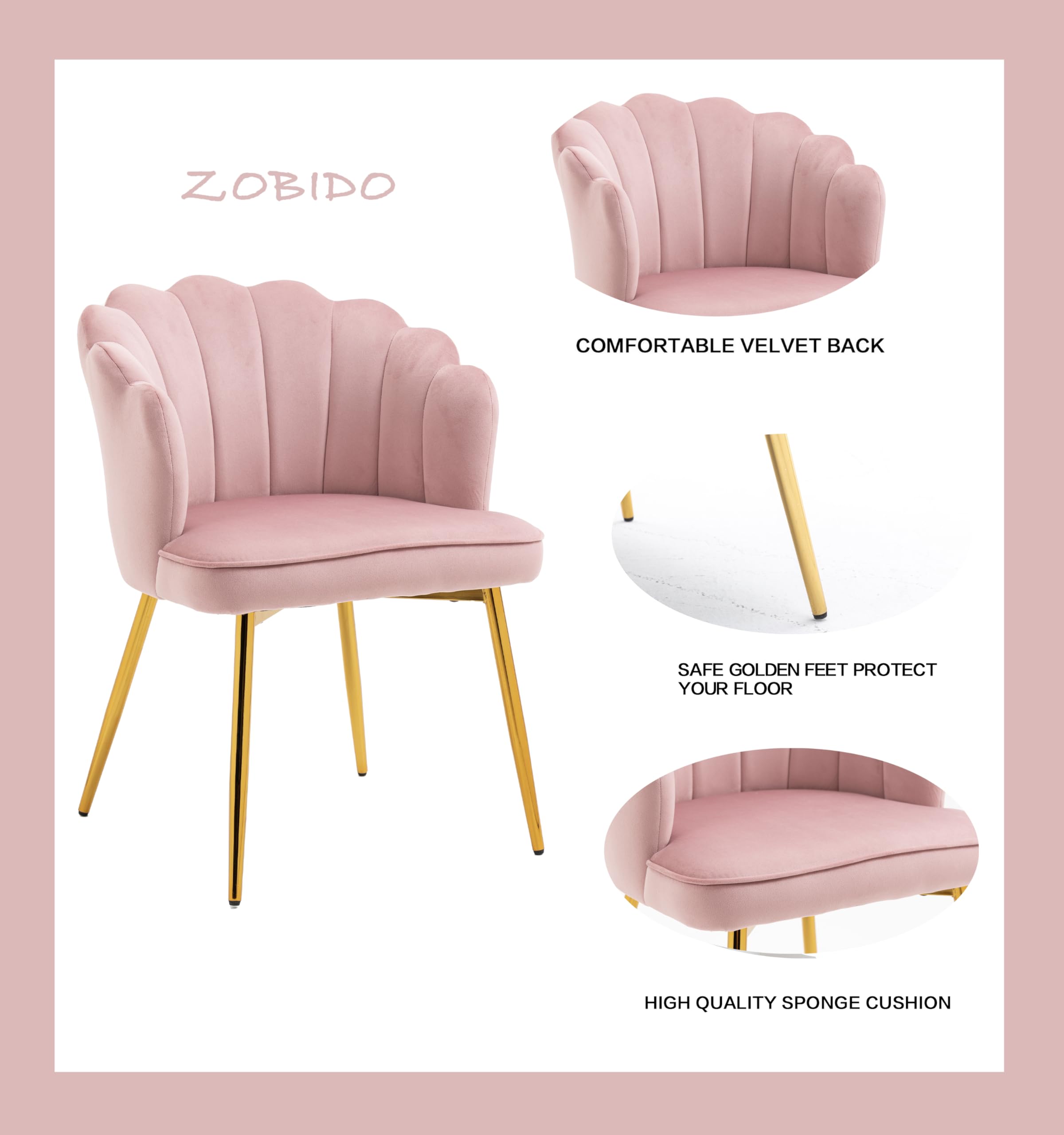 Modern Velvet Vanity Chair with Golden Metal Legs & Petal Back - Comfy Upholstered Armchair for Bedroom, Dining, Makeup Desk - Soft Pink Velvet Seat for Women & Girls (Perfect for Dressing Rooms, Boudoirs & Teen Bedrooms)
