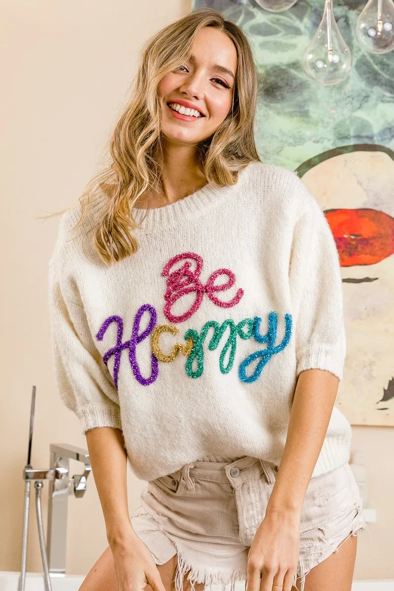 BiBi Metallic Letter Short Puff Sleeve Fuzzy Sweater | Women's Fashion Knitwear for Casual Outings & Holiday Parties