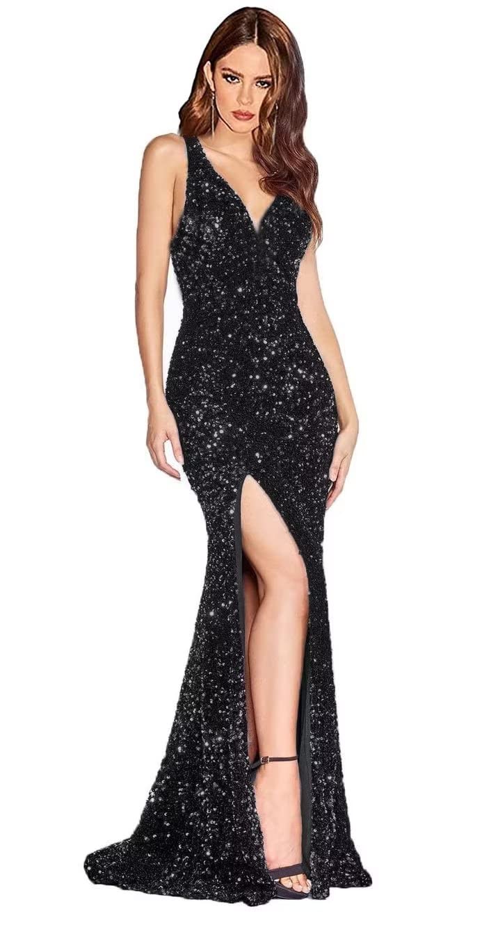 Sparkly V-Neck Sequin Prom Dress Long Mermaid Bridesmaid Gown with High Slit for Formal Evening Party, Wedding, Homecoming, and Special Occasions