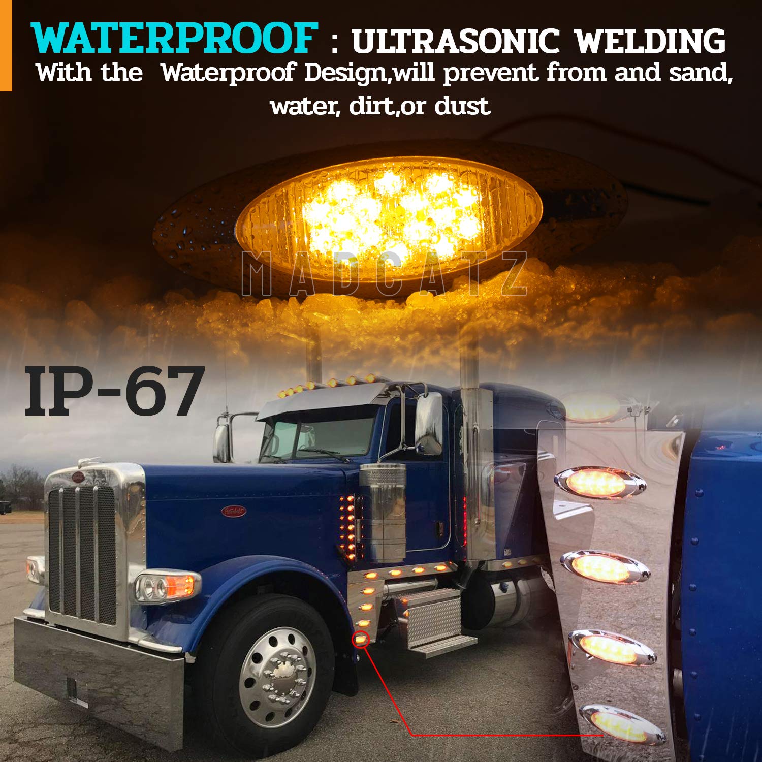MADCATZ 6.5 Inch 16 LED Oval Cab Marker Lights - Clear Lens Amber Light with Chrome Bezel, 12V DC for Trucks & Trailers (Pack of 23) - Durable Side Marker Lights for Enhanced Night Visibility & Vehicle Safety