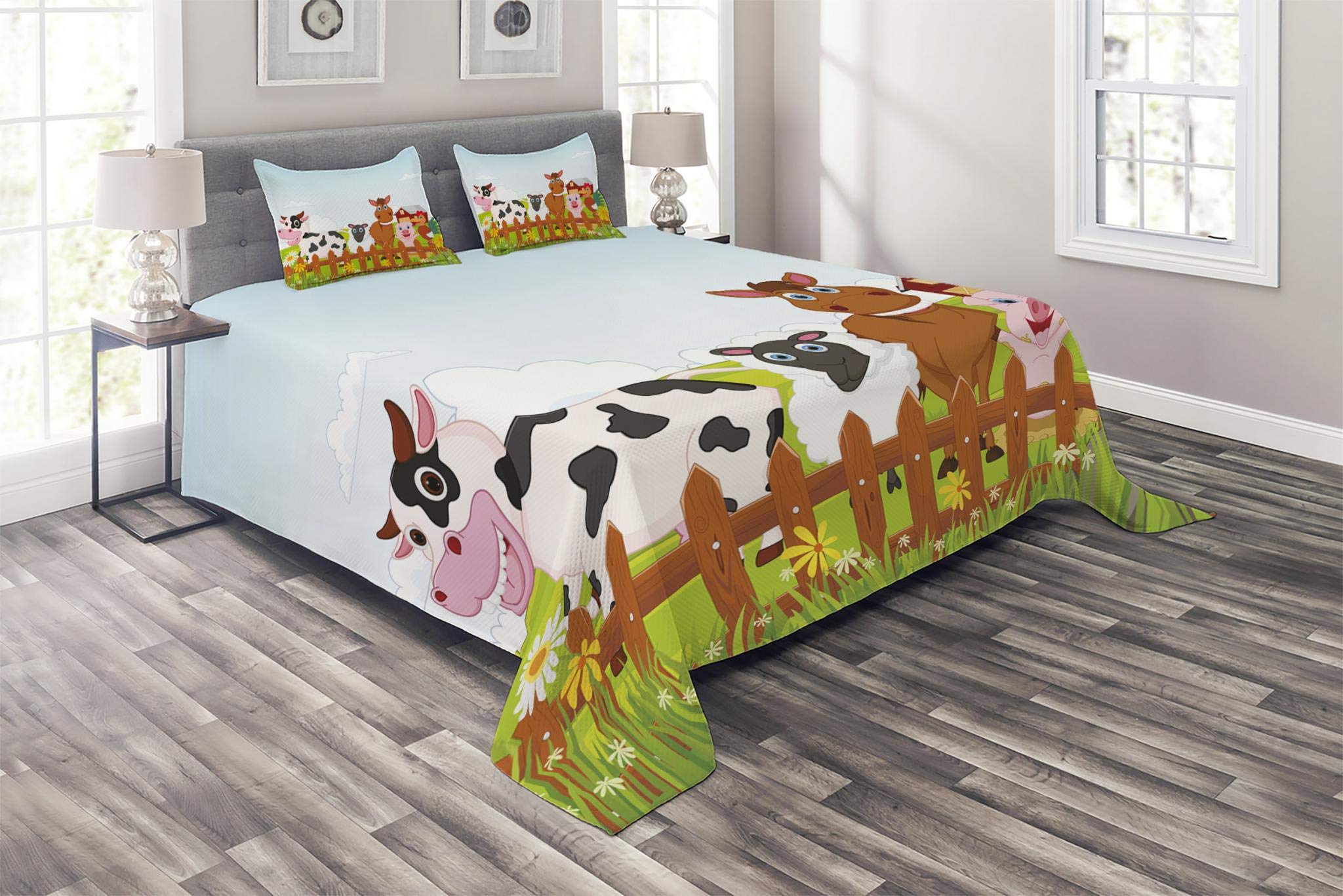 Lunarable Farm Animal Quilt Set - 3 Piece King Size Bedspread with 2 Pillow Shams, Cartoon Cow Horse Goat Pig Chicken Design, Colorful Decorative Bedding for Farmhouse & Country Style Bedroom Decor