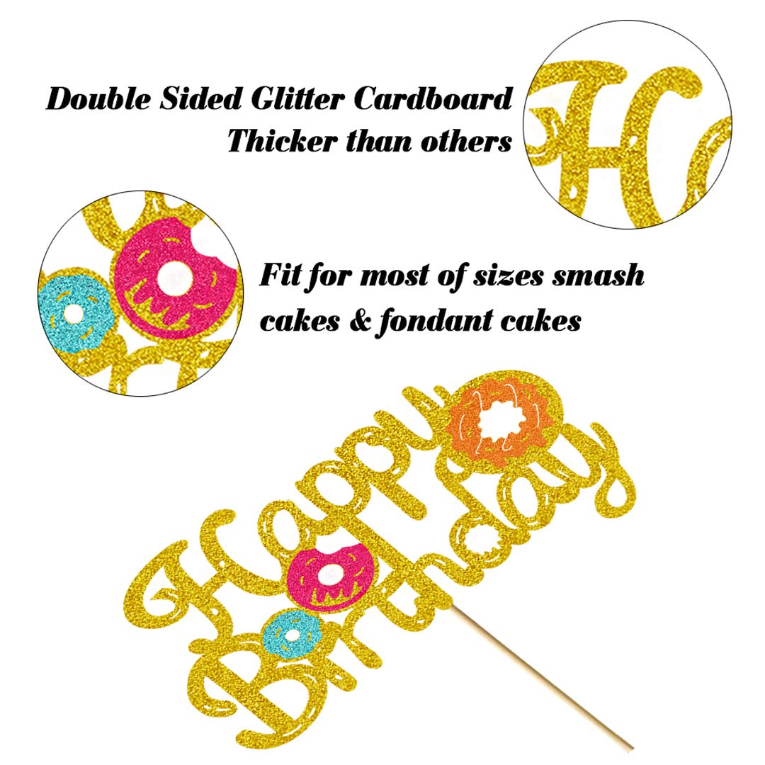 Gold Glitter Donut Cake Topper - Double Sided Happy Birthday Party Decorations for Girls & Kids (6.7’’ x 4.49’’) | Donut Grow Up Themed Birthday, Baby Shower & Celebration Cake Decoration