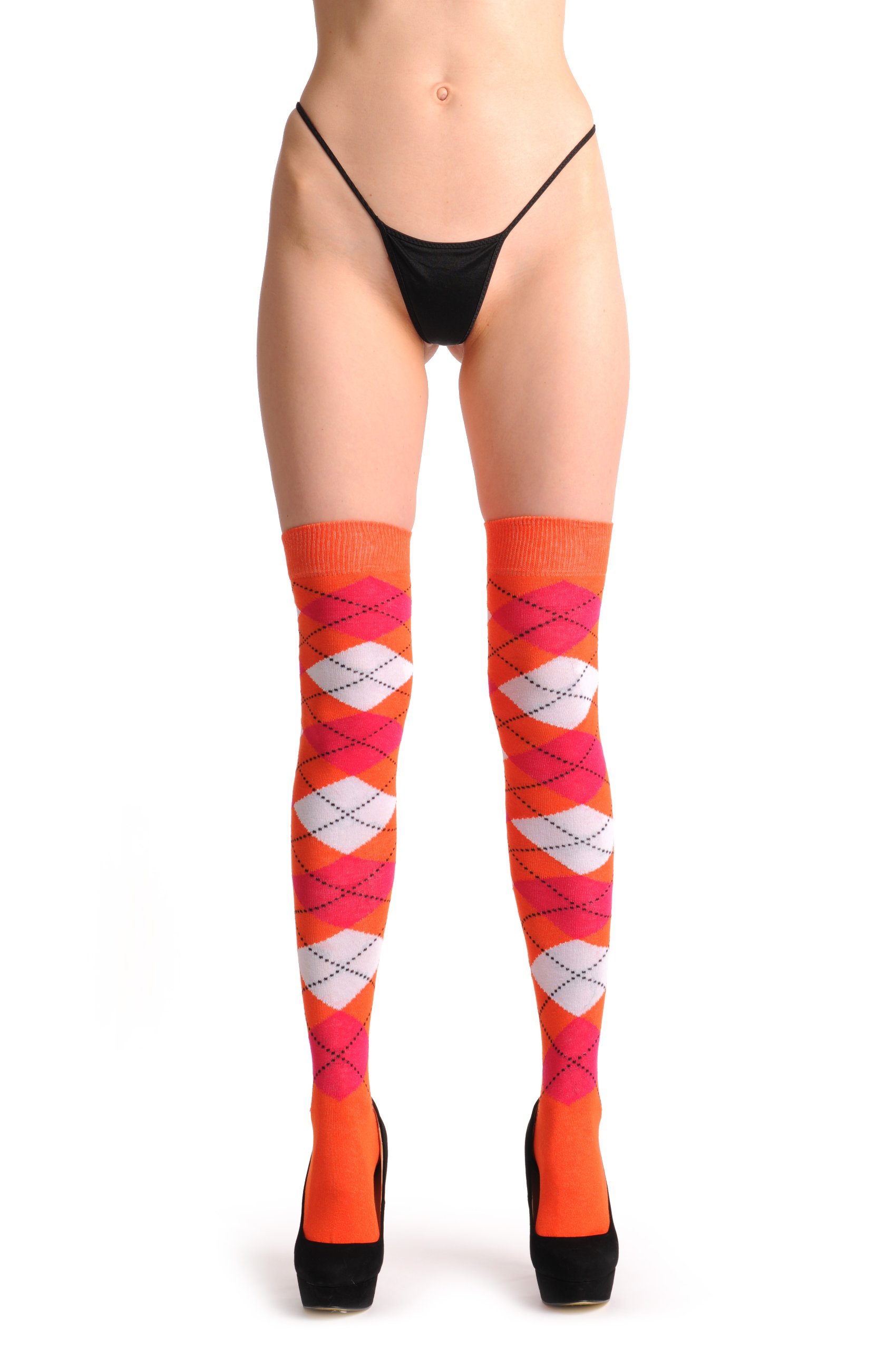 LissKiss Argyle White Orange Red Over The Knee Socks for Women - Trendy Knee High Socks for Winter, Fall Fashion, Outfits & Cosplay
