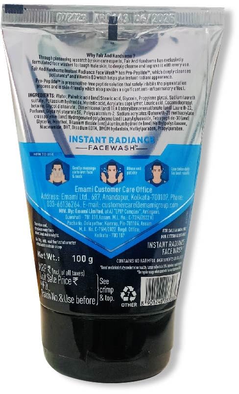 JV Fair and Handsome Instant Radiance Face Wash 100g - Brightening Cleanser for Men with Vitamin C - Perfect for Morning Skincare Routine & Travel Essentials
