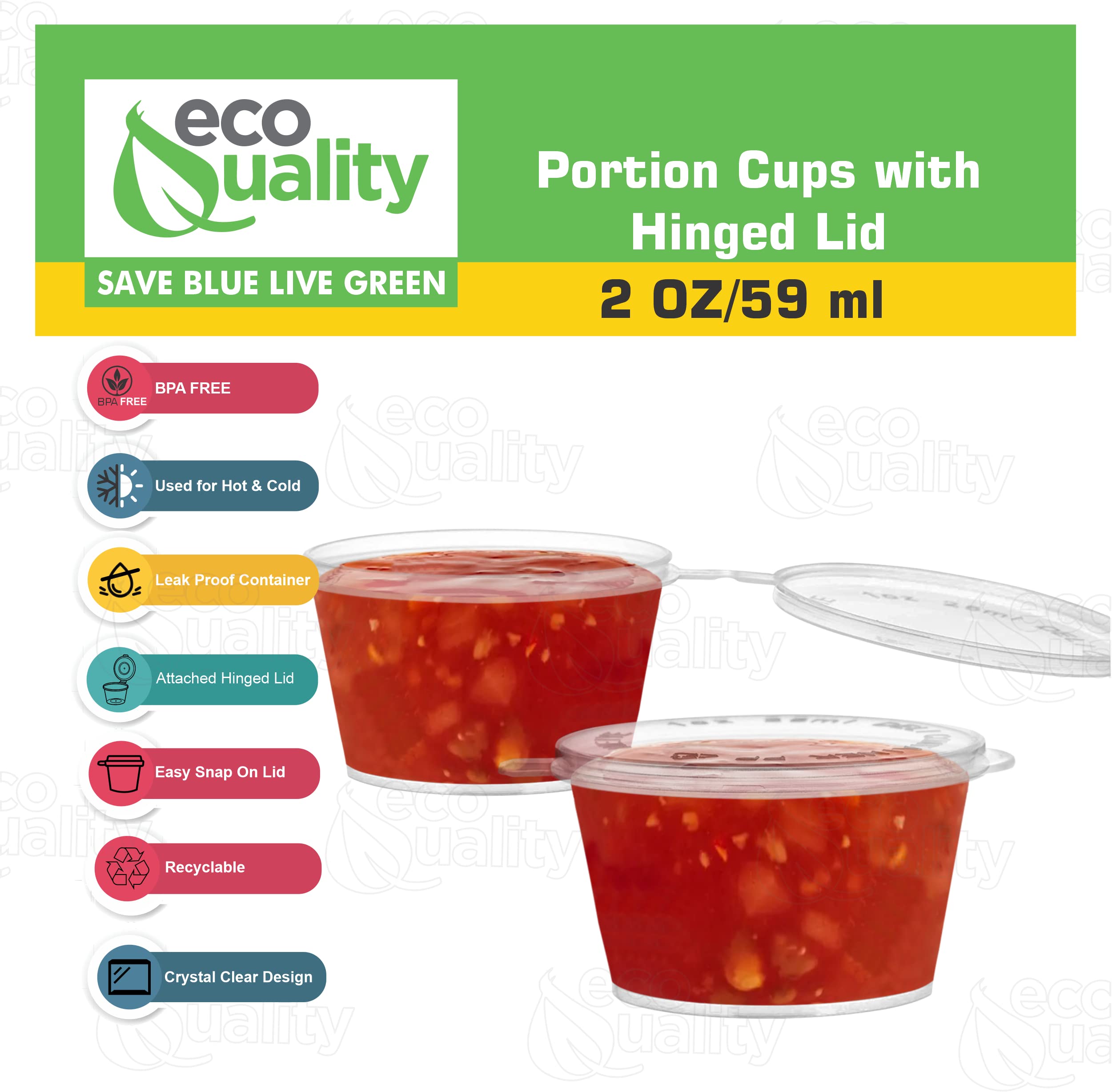EcoQuality 2 Oz Leak Proof Plastic Condiment Cups with Hinged Lids - BPA Free Portion Containers for Sauces, Dressings, Jello Shots, Slime, Food Storage - Ideal for Restaurants, Catering, Parties & Home Use (Pack of 1000)