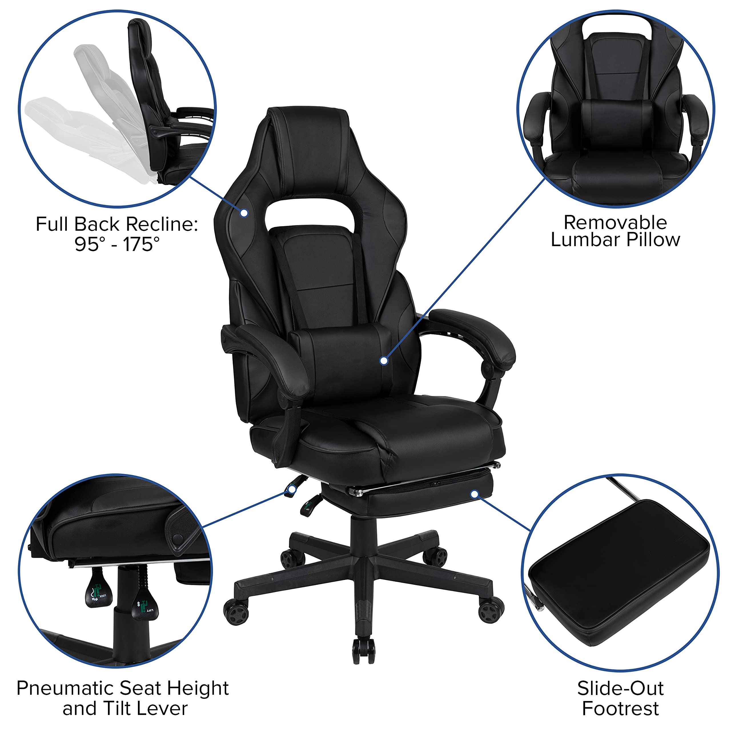 Emma & Oliver Black Ergonomic Gaming Chair with Adjustable Recline, Armrests, Footrest & Lumbar Support - Perfect for Office, Streaming & Long Gaming Sessions