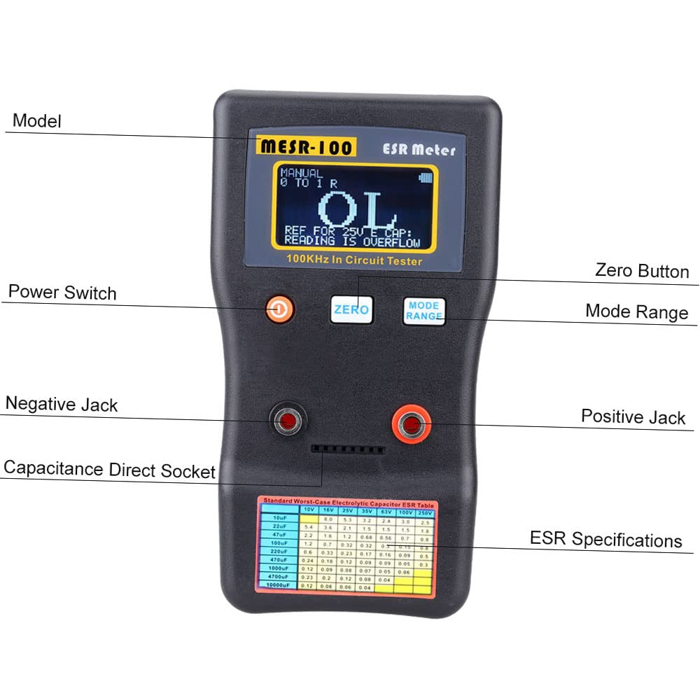 Aoresac MESR-100 ESR Capacitor Tester - Professional Low Ohm Meter (0.01-100Ω) for Measuring Internal Resistance & Capacitance - Includes SMD Test Clip - Ideal for Electronics Repair, PCB Testing & DIY Projects
