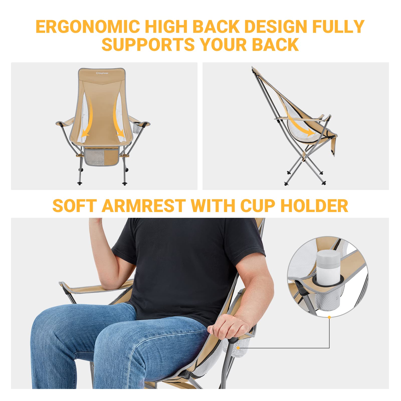 KingCamp Compact Ultralight High Back Camping Chair with Armrest - Portable Folding Chair for Adults, Heavy Duty Supports 265 lbs - Perfect for Backpacking, Travel, Hiking, Beach, Picnic, Festivals & Outdoor Adventures (Khaki)