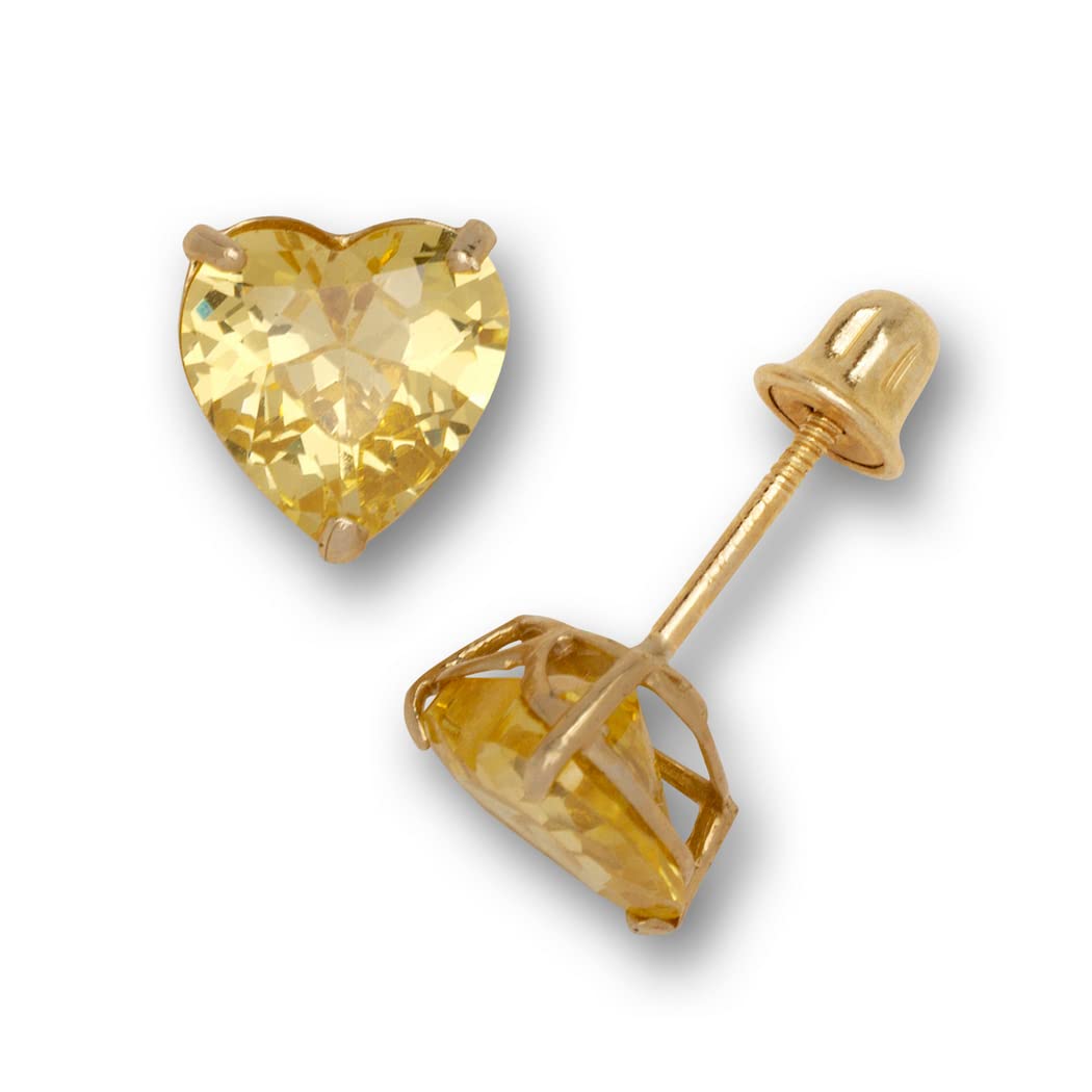 14K Yellow Gold Heart-Shaped Cubic Zirconia Stud Earrings for Women - Screw Back Solitaire Basket Set (12 Colors) | Perfect Birthday Gift, Anniversary Present & Everyday Elegant Jewelry