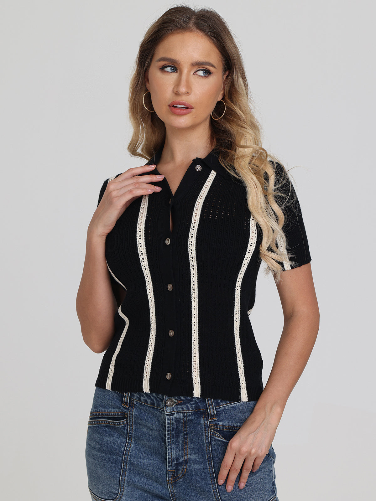 Jada Women's Stripe Polo Button Down Shirt - Casual & Office Wear - Perfect for Work, Business, and Everyday Outfits