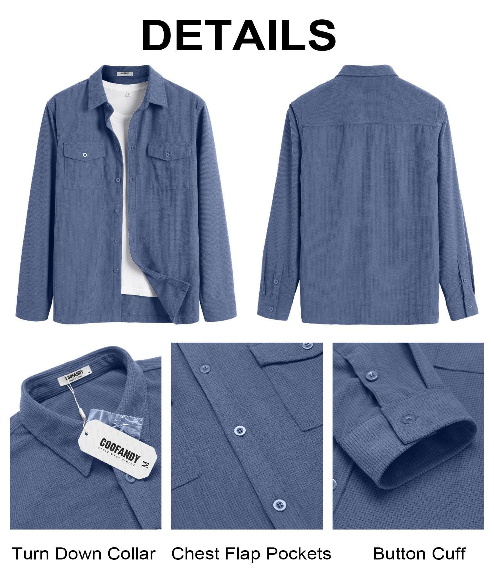 COOFANDY Men's Casual Waffle Button Down Shirt Jacket - Lightweight Long Sleeve Shacket with Flap Pockets for Fall Layering & Outdoor Activities