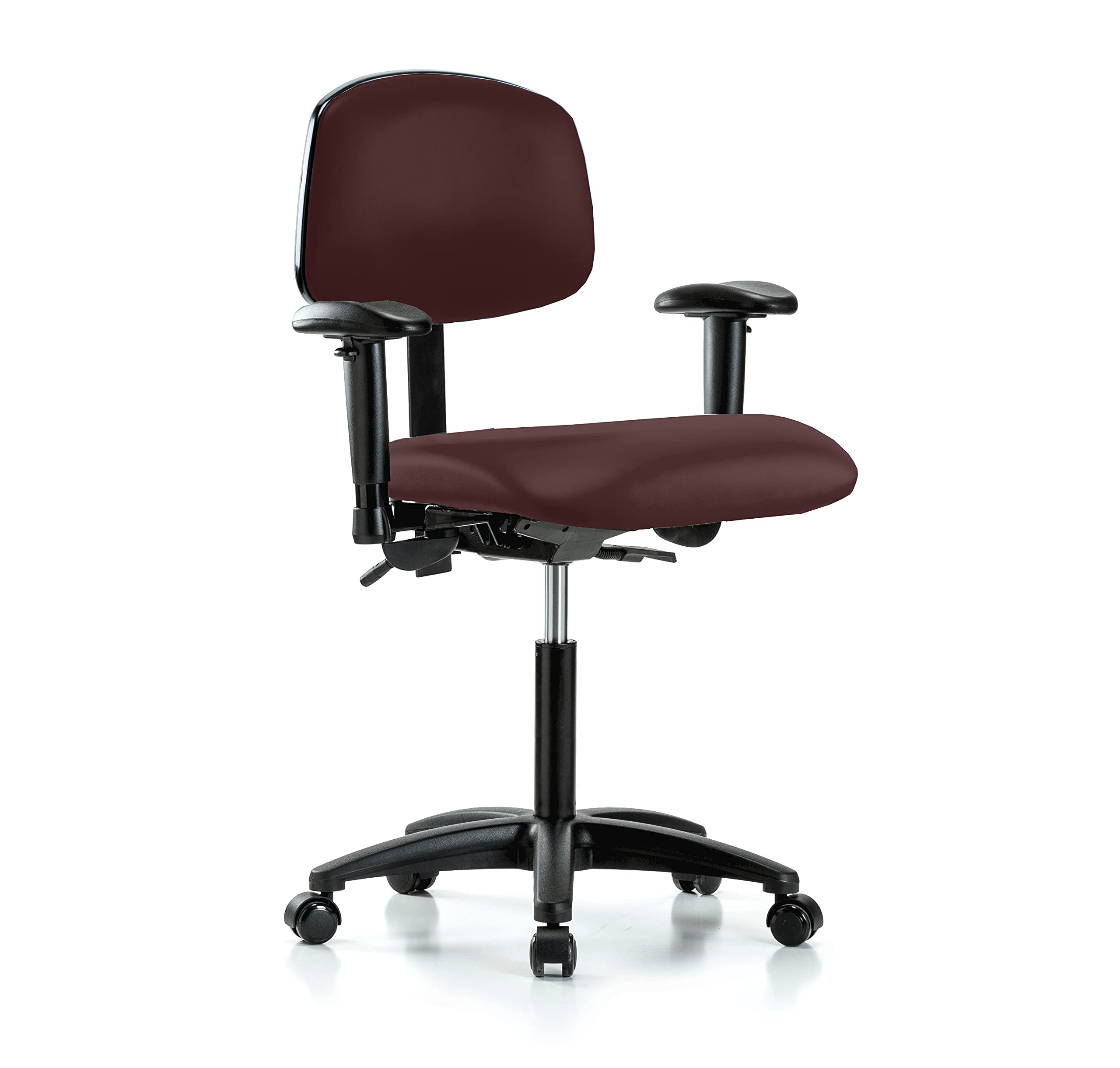 Perch Rolling Multi-Task Swivel Chair for Hardwood & Tile Floors - Adjustable Workbench Height with Burgundy Vinyl Upholstery - Ideal for Workshops, Garages & Home Offices