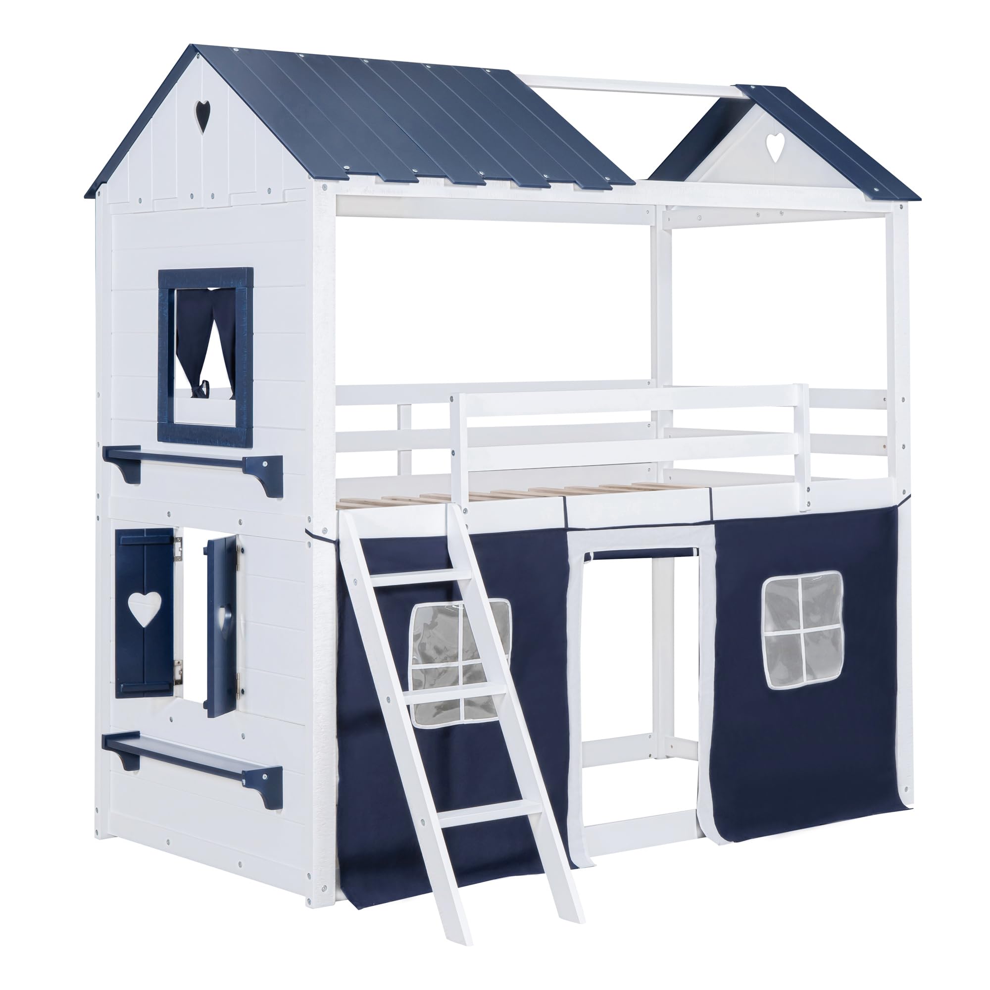 Harper & Bright Designs Twin Over Twin Wooden Bunk Bed with Elegant Windows, Sills & Tent - Blue & White House Bed for Kids' Room, Sleepovers & Space-Saving Bedroom Solutions
