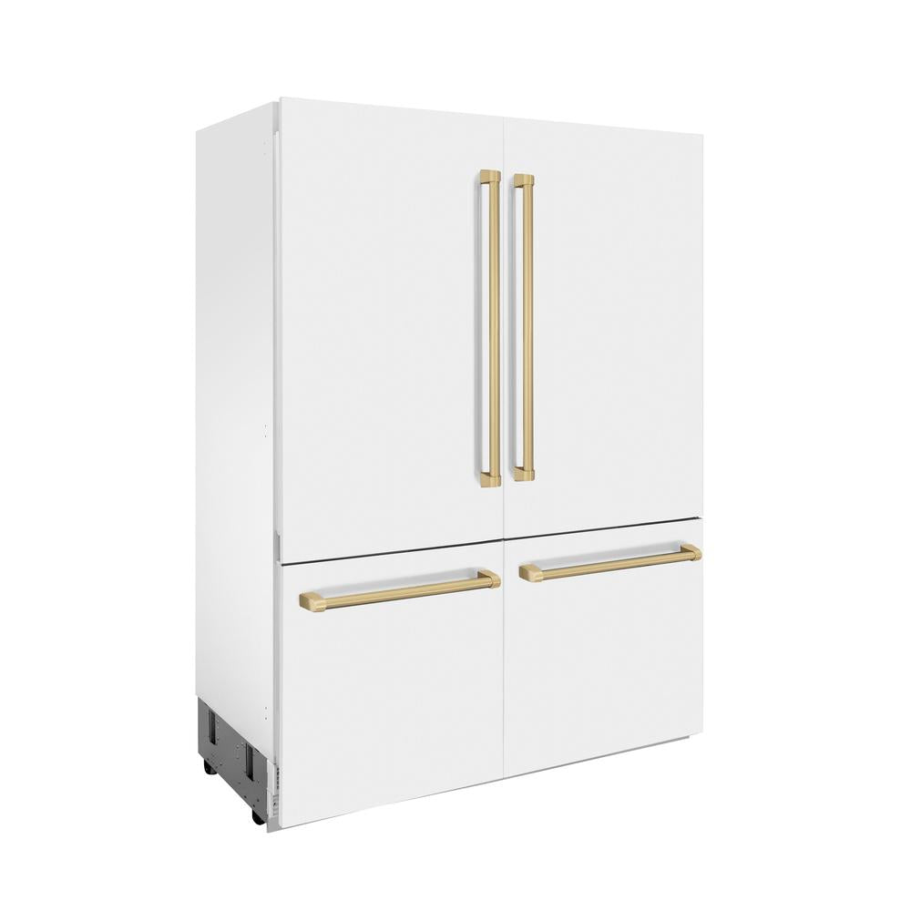 ZLINE Autograph Edition 60-Inch French Door Built-In Refrigerator - 32.2 cu ft Capacity, Bottom Freezer, Water Dispenser & Ice Maker - White Matte with Champagne Bronze Accents (RBIVZ WM 60 CB) | Perfect for Modern Kitchens & Luxury Homes