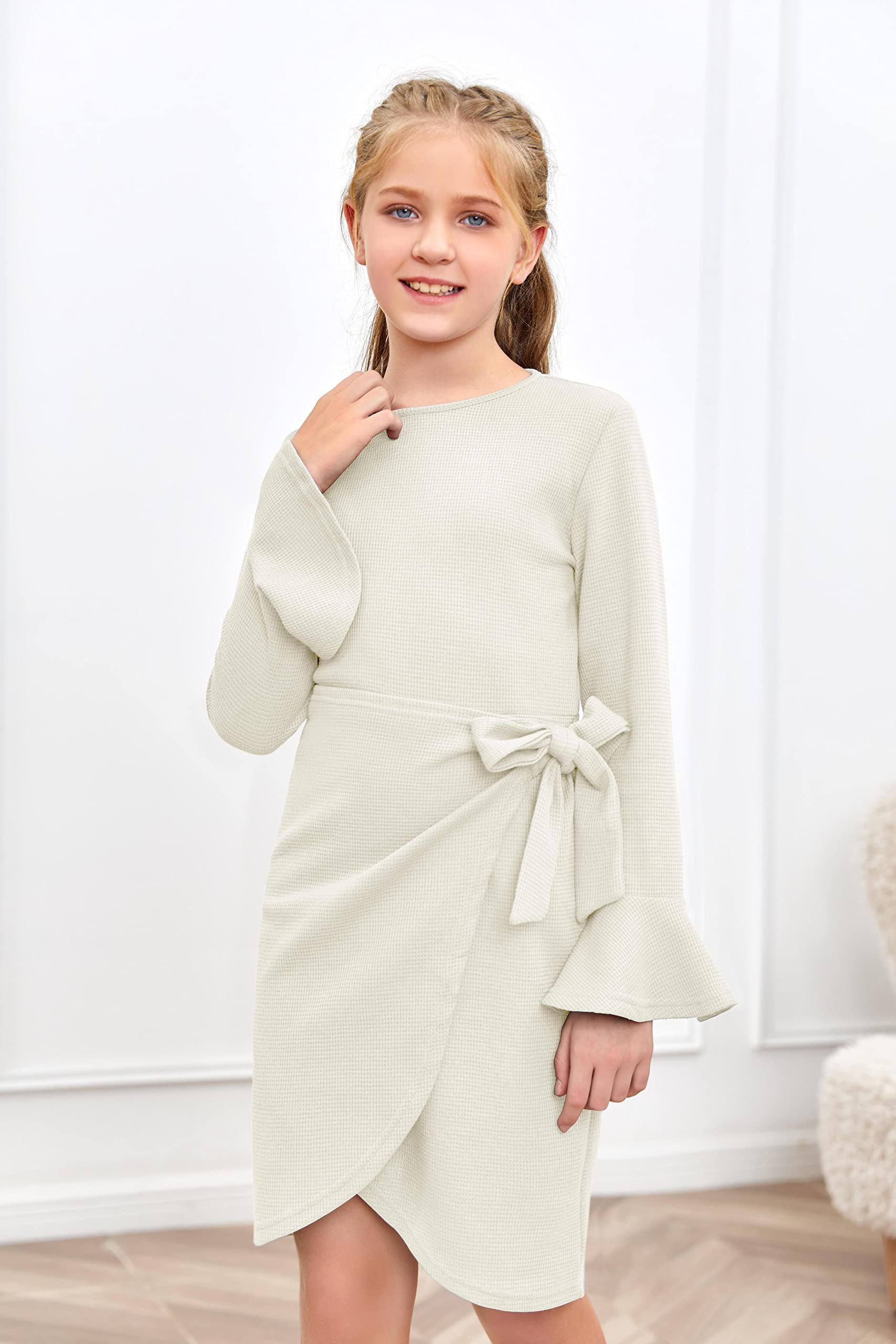 Girl's Solid Waffle Knit Midi Dress with Long Flared Sleeves & Belt - Comfortable Kids' Casual Dress for School, Parties & Family Outings