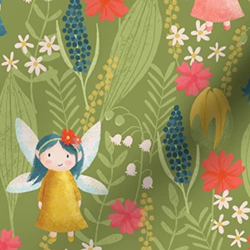 Spring Fairies Floral Printed Minky Fabric - Green Blue Flowers Leaves Red Nature Plants Design - Fat Quarter for Sewing Baby Blankets, Quilt Backing & Plush Projects - Soft DIY Craft Material for Nursery Decor & Gift Making