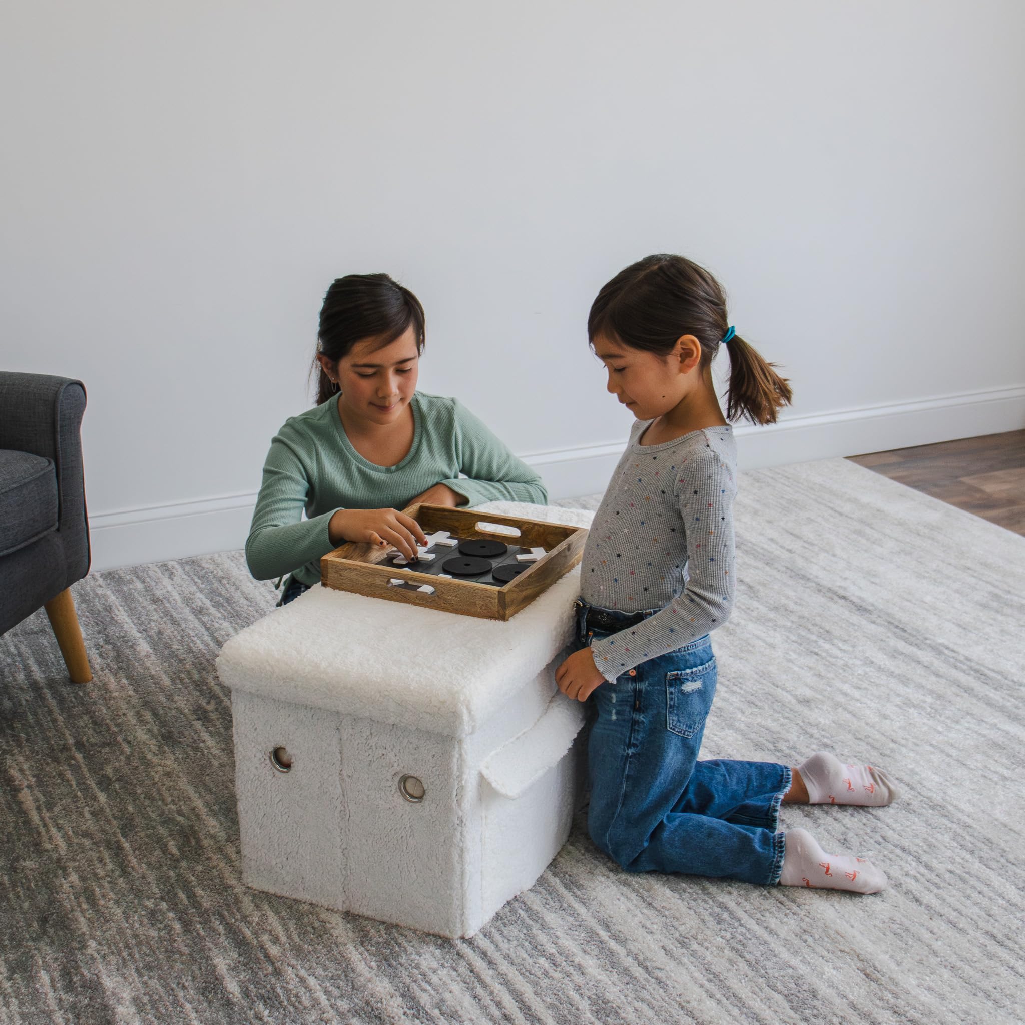 Humble Crew Shaggy Sherpa Collapsible Toy Storage Box Ottoman Bench with Lid - White | Kids Room Organization, Nursery Storage & Playroom Decor