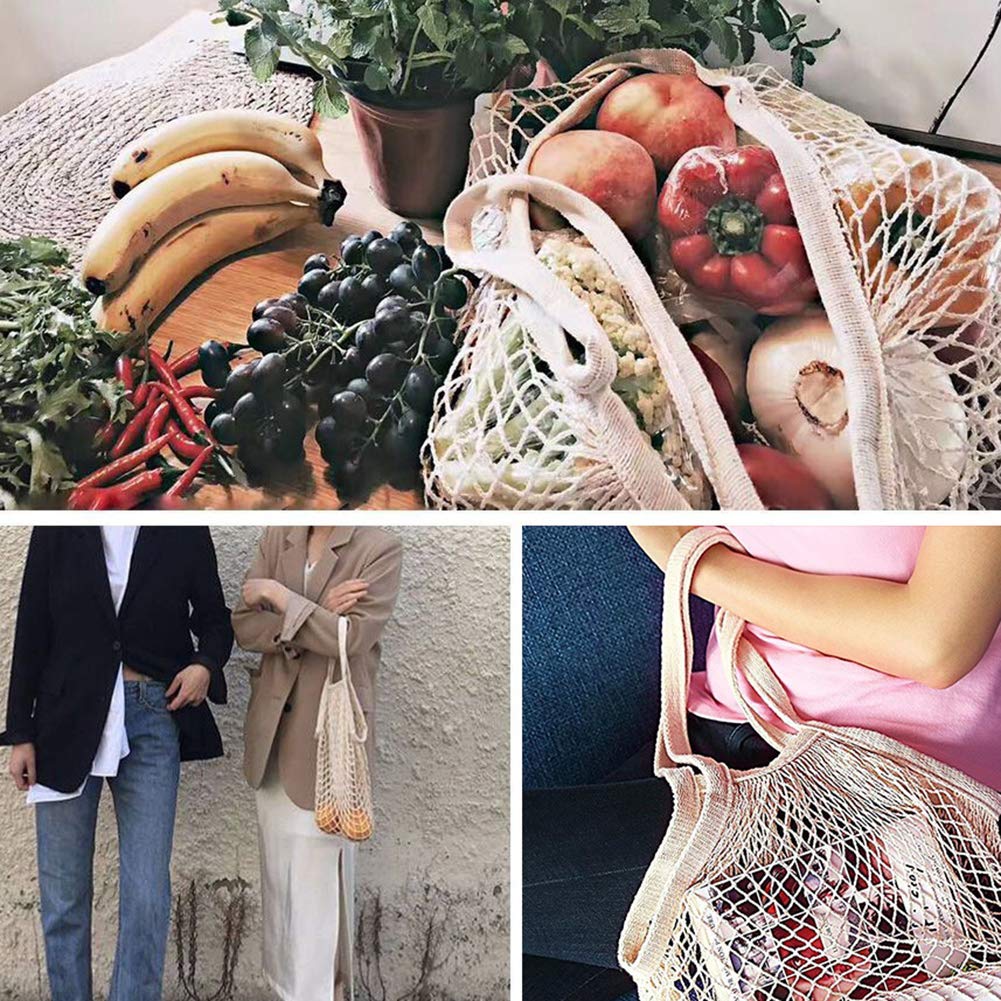 Eco-Friendly Reusable Cotton Mesh Grocery Bags with Long Handles - Breathable Produce Storage Tote for Fruits, Vegetables & Shopping - Perfect for Farmers Market, Grocery Trips & Zero-Waste Lifestyle