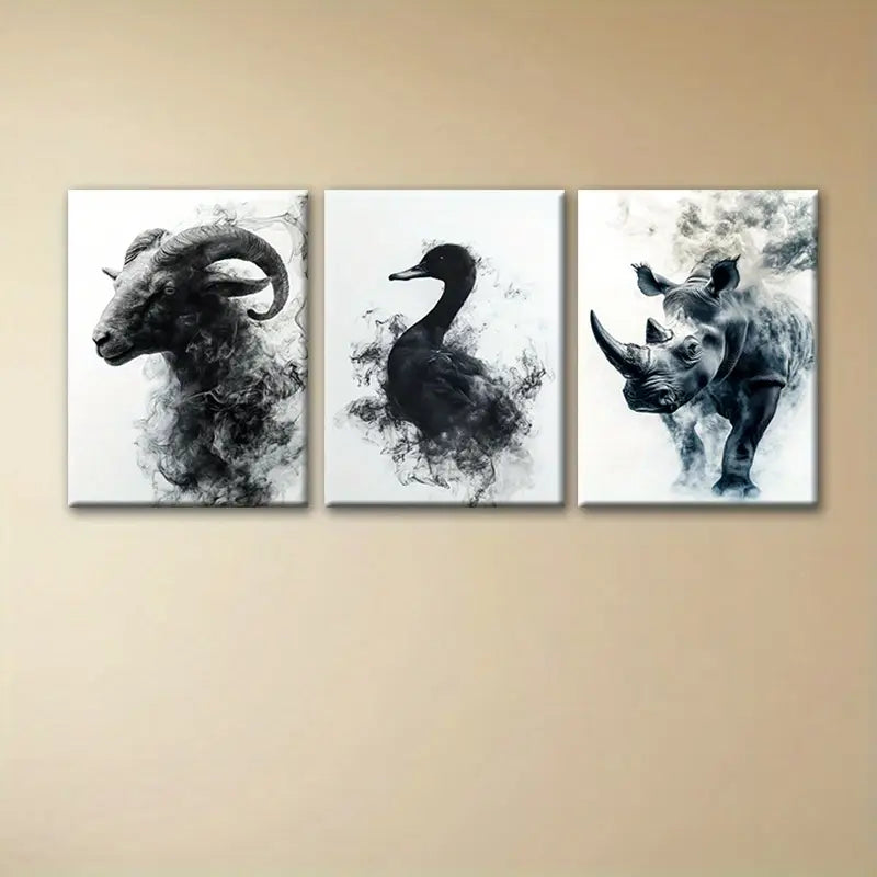 3-Piece Abstract Black & White Animal Art Prints - Sheep, Duck & Rhino Metal Wall Decor - Ready to Hang Modern Home & Office Decor for Living Room, Bedroom or Gallery Display