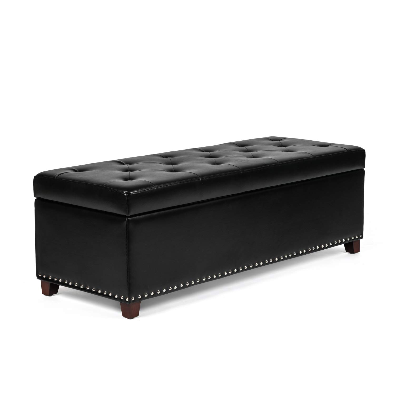 Joveco 47 Inch Tufted Leather Storage Ottoman Bench with Nailhead Trim - Black Footrest Stool for Bedroom, Living Room & Entryway - Multi-Functional Seat & Hidden Storage Space