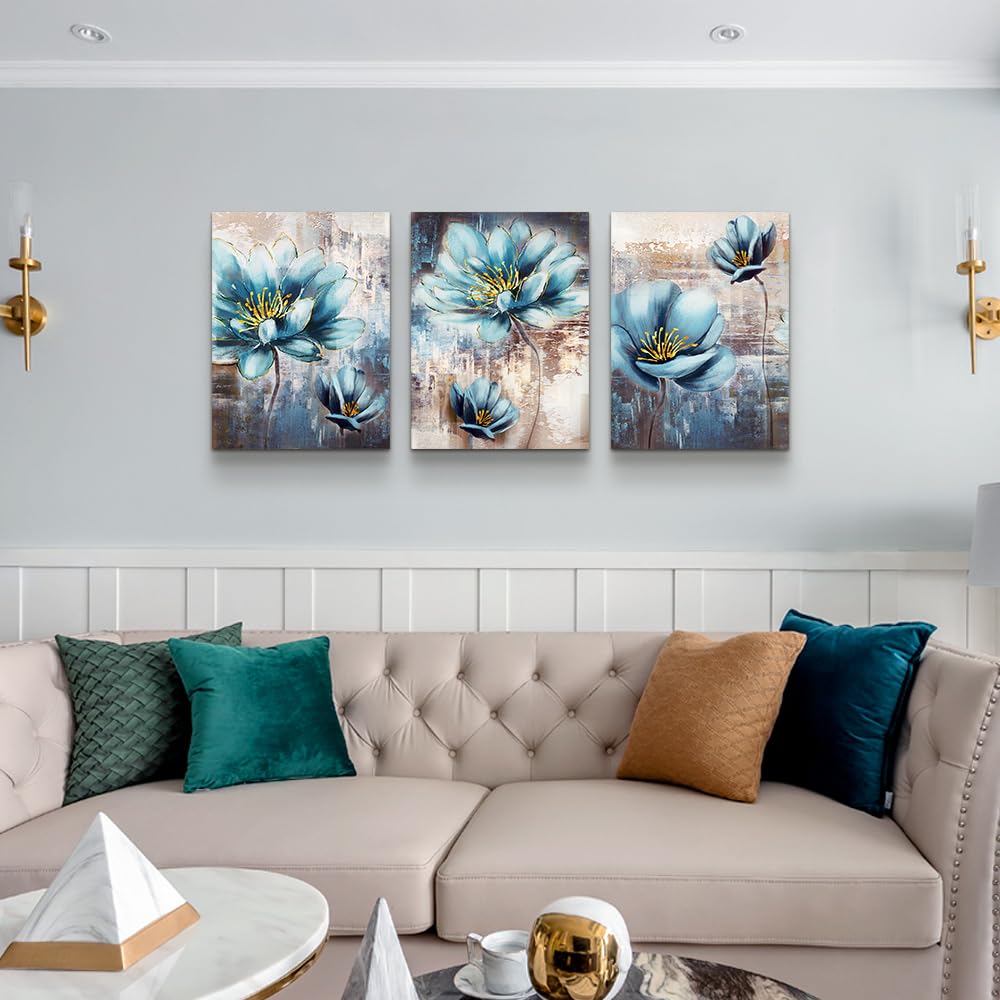 Lapremoly Abstract Blue Flowers Canvas Wall Art Set - 12x16 Inch 3-Piece Modern Wall Decor for Living Room, Bedroom, Office & Kitchen | Perfect for Home Decor, Housewarming Gifts & Interior Design