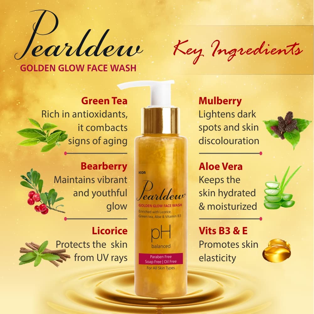 Pearldew Golden Glow Face Wash with Licorice, Green Tea & Aloe - 100ml Organic Vitamin E & B3 Cleanser | Oil-Free, Soap-Free, Paraben-Free | Brightening & Hydrating for Daily Skincare Routine