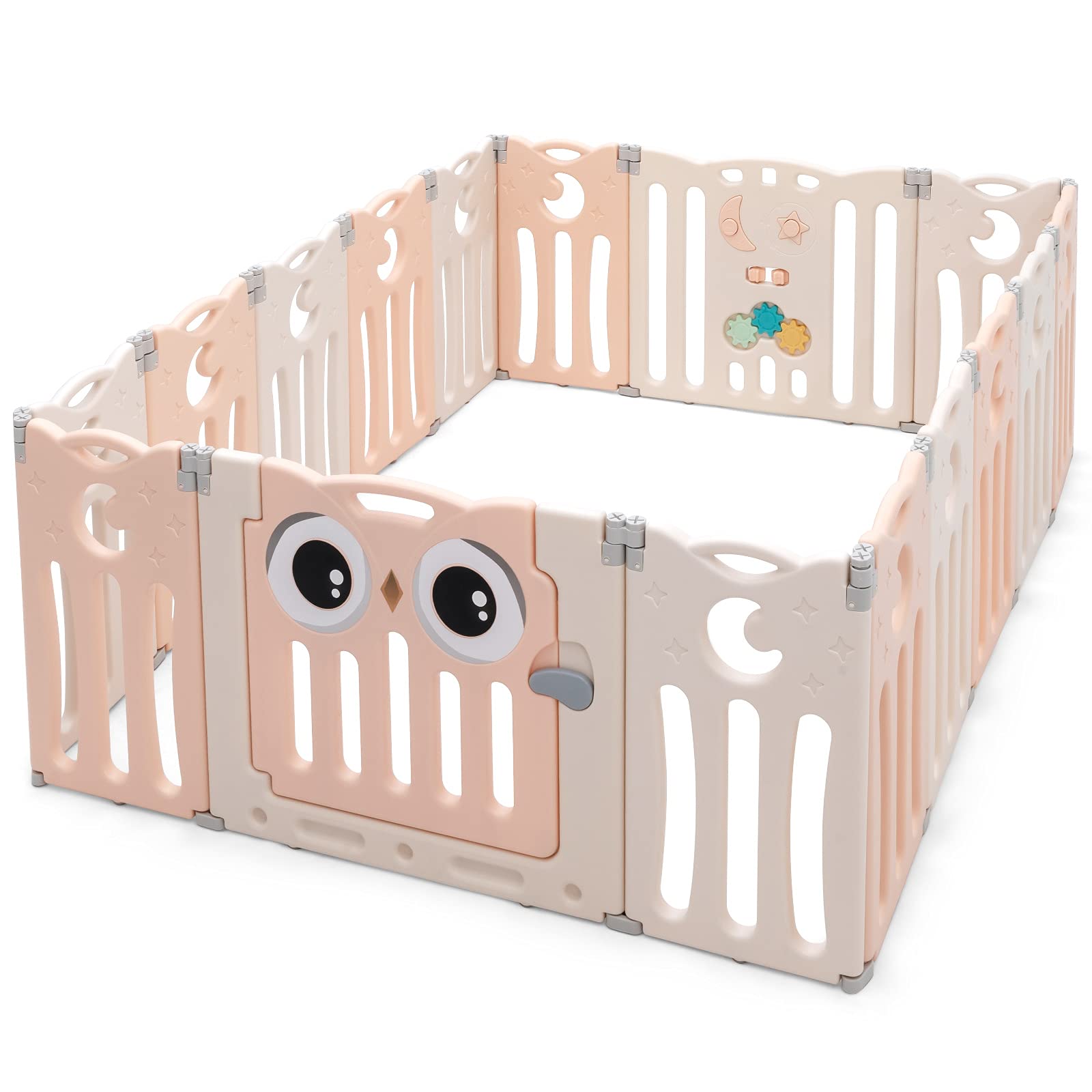 HONEY JOY 16-Panel Baby Playpen with Anti-Slip Base & Lockable Door - Owl Design Play Yard for Toddlers, Indoor Safety Play Area for Boys & Girls (Pink) - Perfect for Home, Nursery, Daycare & Playtime Safety