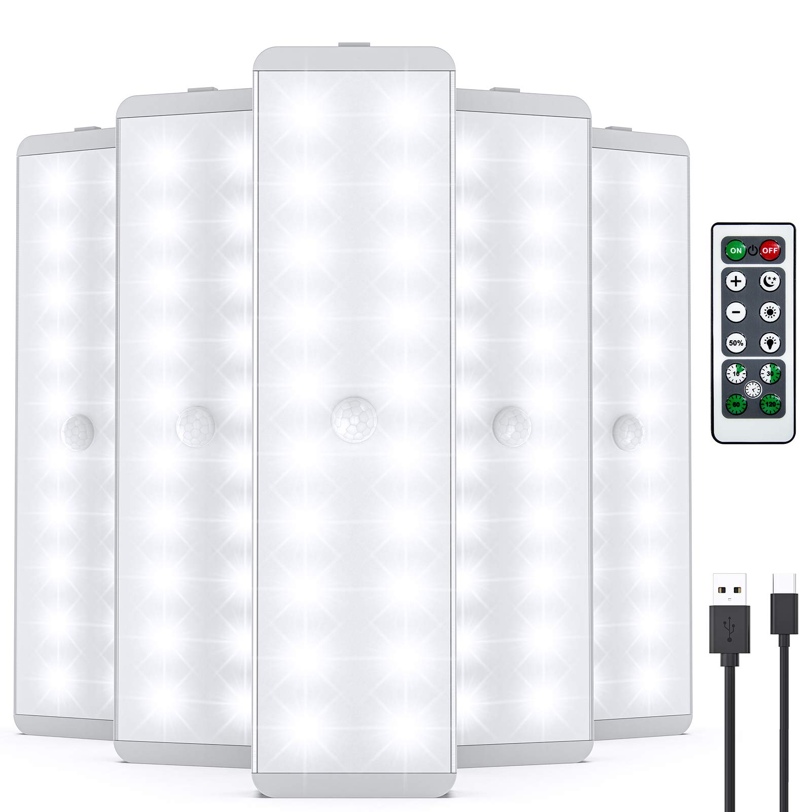 5-Pack USB Rechargeable LED Closet Lights with Motion Sensor & Remote Control - Wireless Under Cabinet Lighting for Wardrobe, Kitchen, Stairs, Hallway - Dimmable Stick-On Night Lights for Safety & Convenience