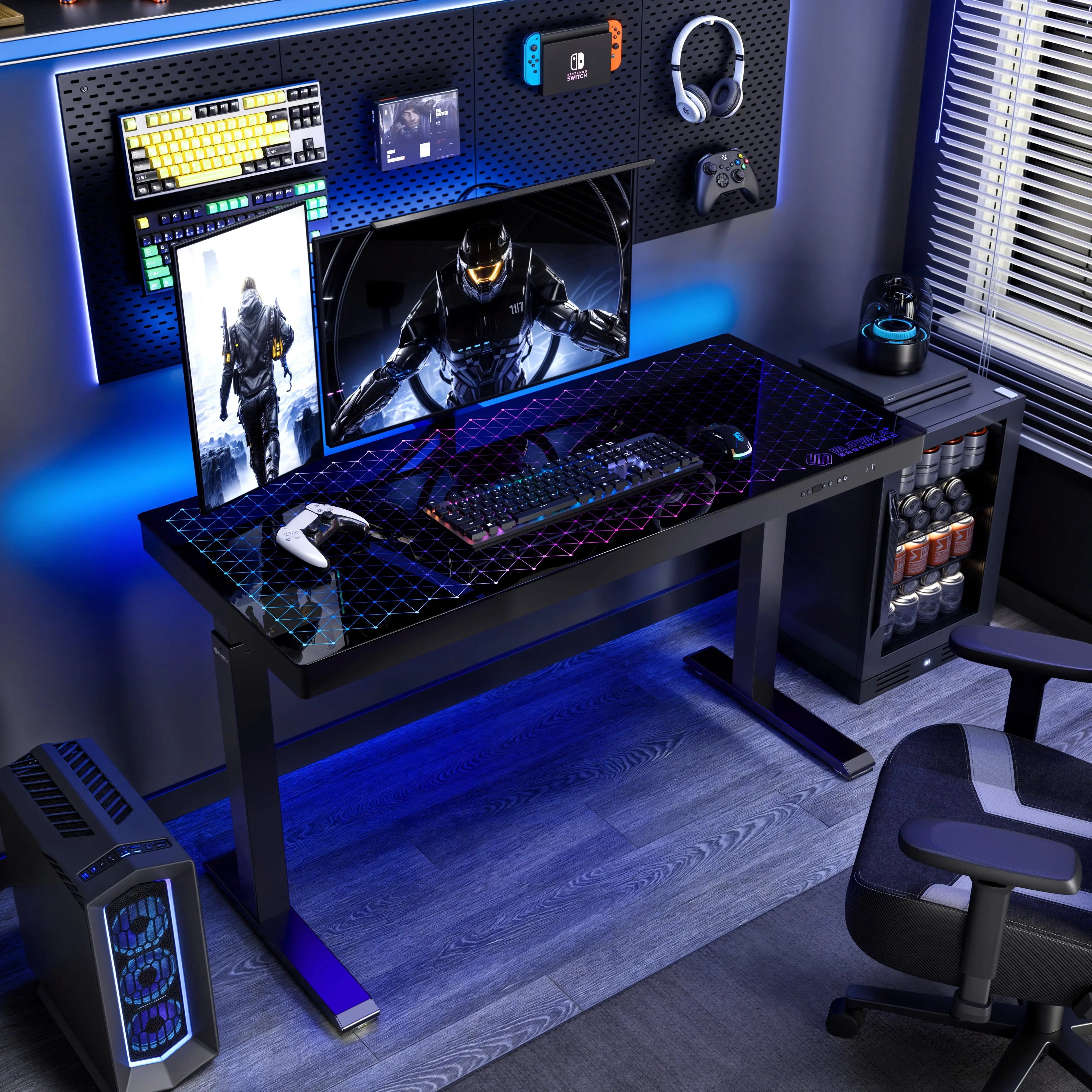 GTG G55 Tempered Glass Standing Desk for Gaming & Work - 55x23 Inches, Ergonomic Height Adjustable Computer Desk - Perfect for Home Office, Streaming & Esports Setup