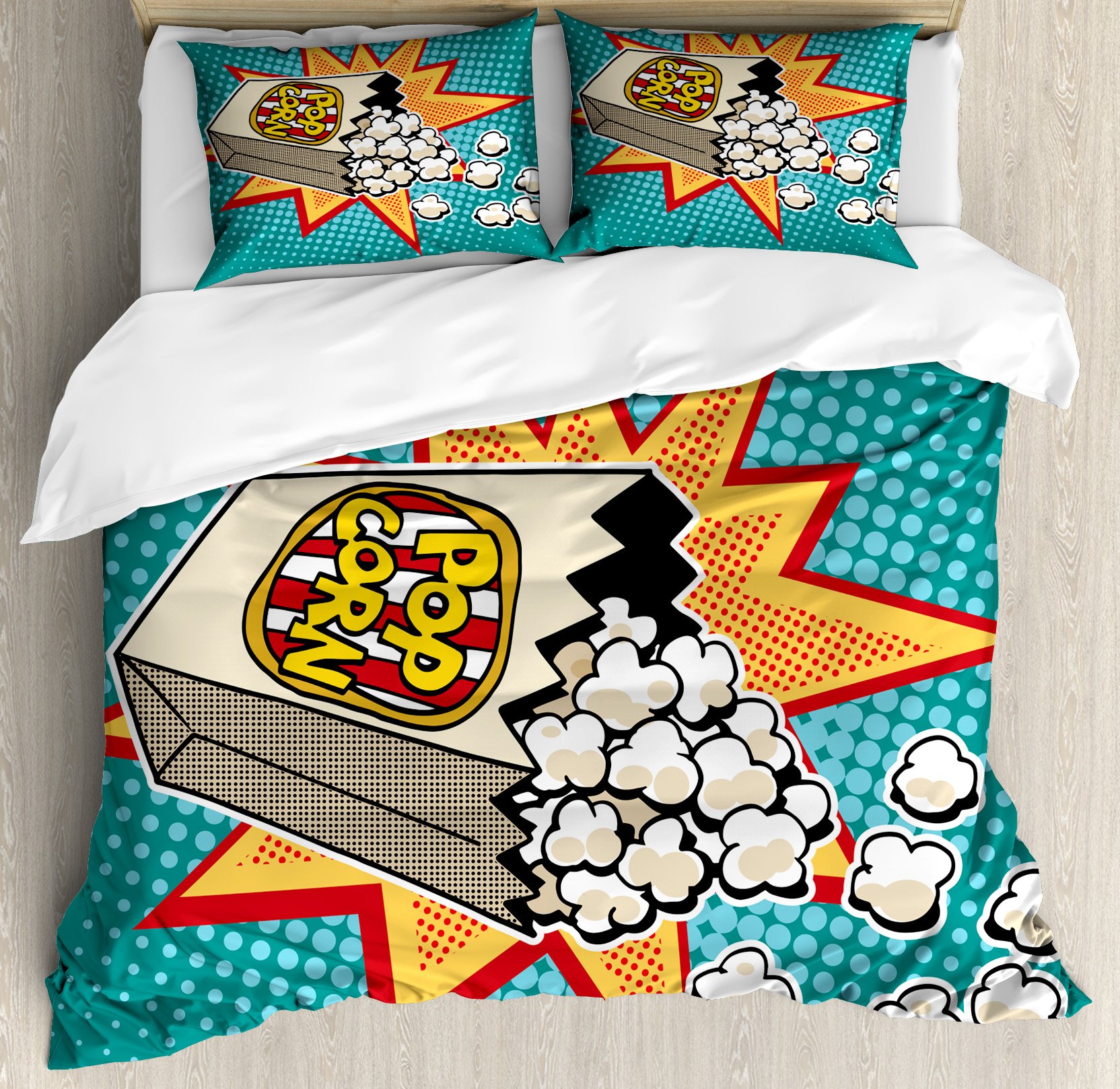 Ambesonne Movie Theater Duvet Cover Set - Retro Popcorn Print 3-Piece Bedding with Pillow Shams, Queen Size Multicolor | Perfect for Cinema Lovers' Bedroom Decor & Themed Home Theater Design