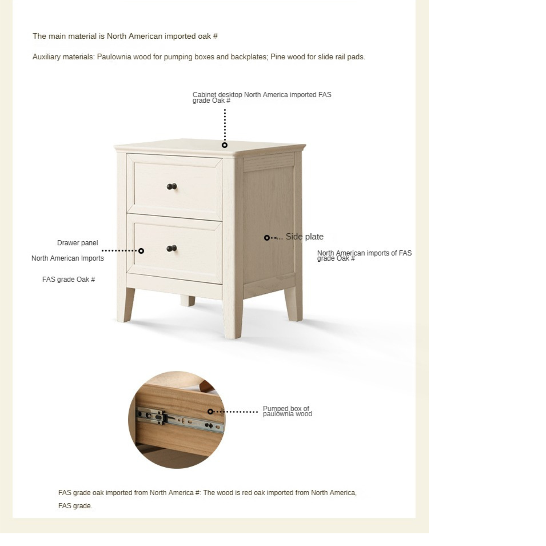 Solid Oak Wood Nightstand - Cream Finish, American Style Bedside Table for Bedroom Decor & Storage