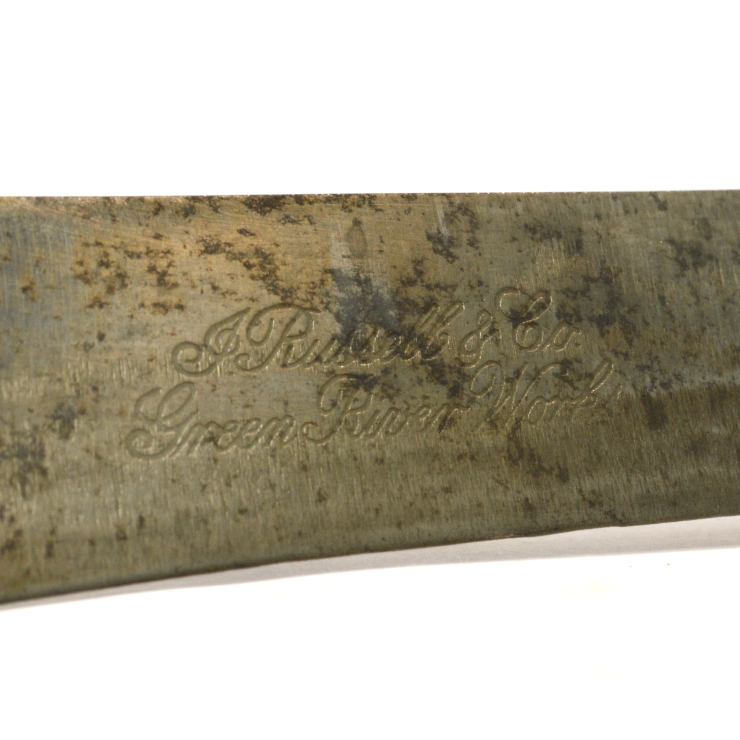Vintage J. Russell Green River Works Knife with Script Logo & Pewter Bolstered Handle - Hunting, Camping, and Outdoor Survival Tool