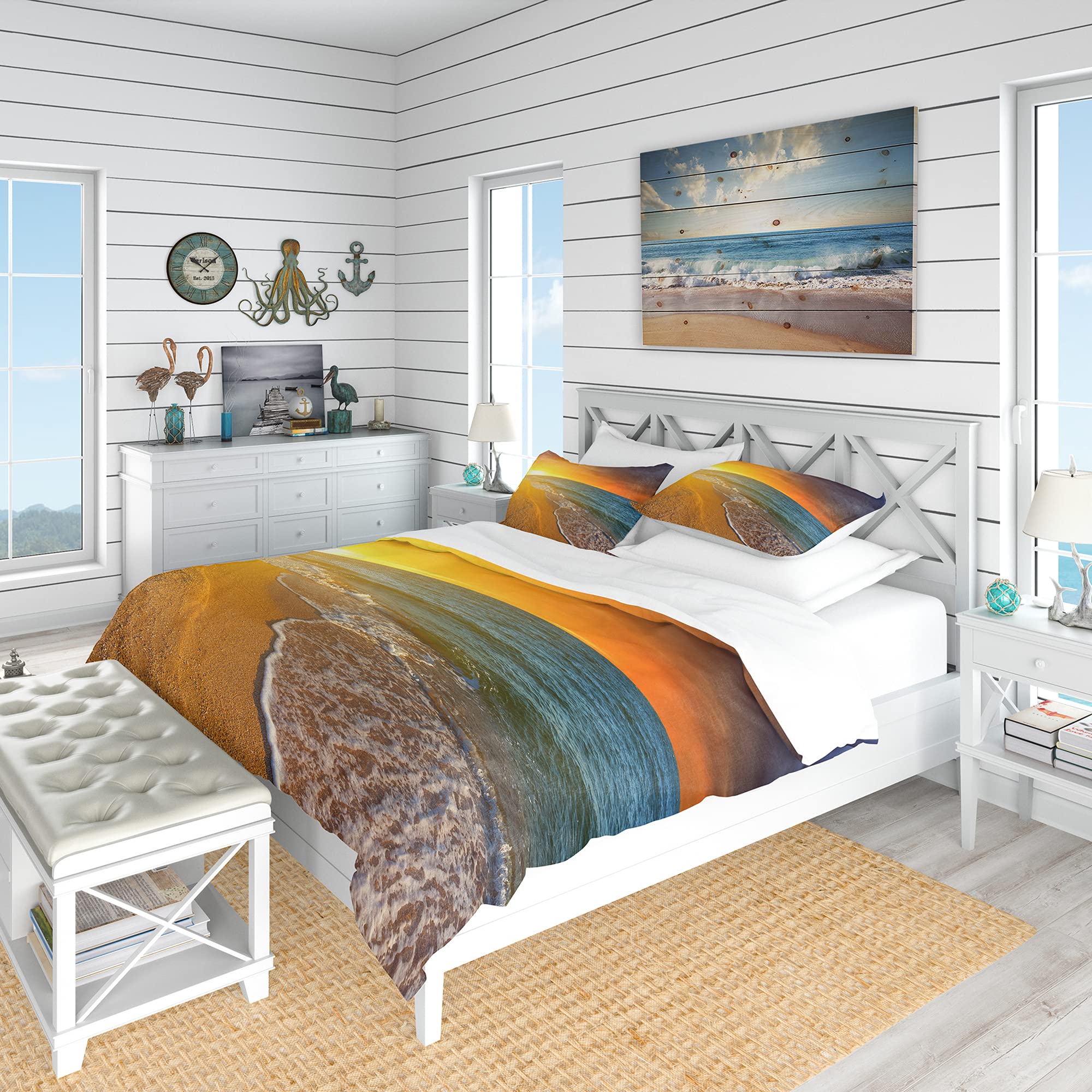 DesignQ Nautical & Coastal Duvet Cover Set - King Size Blue Beach Bedding with Yellow Sky Print, 3-Piece All Season Comfort - Perfect for Beach House, Coastal Decor & Vacation Home Bedrooms