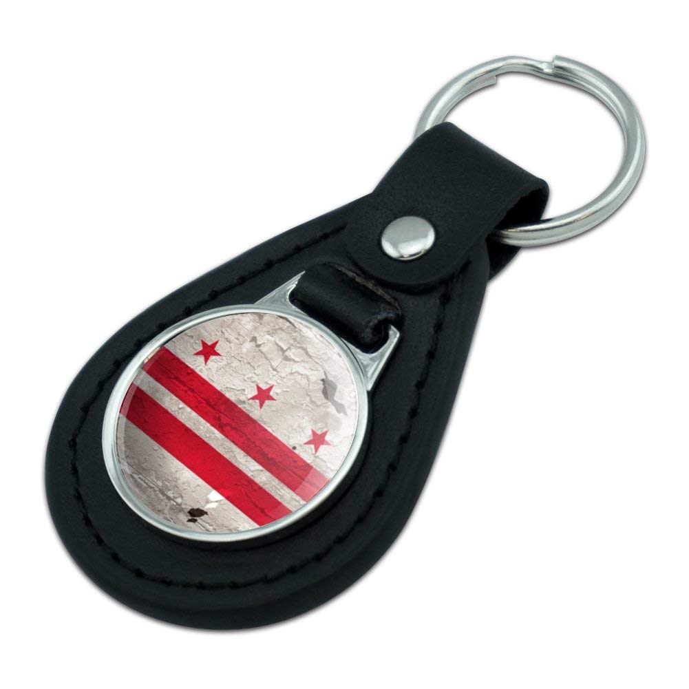 Vintage Black Leather Washington DC Flag Keychain - Distressed USA Map Design - Perfect for Travel Gifts & Souvenirs